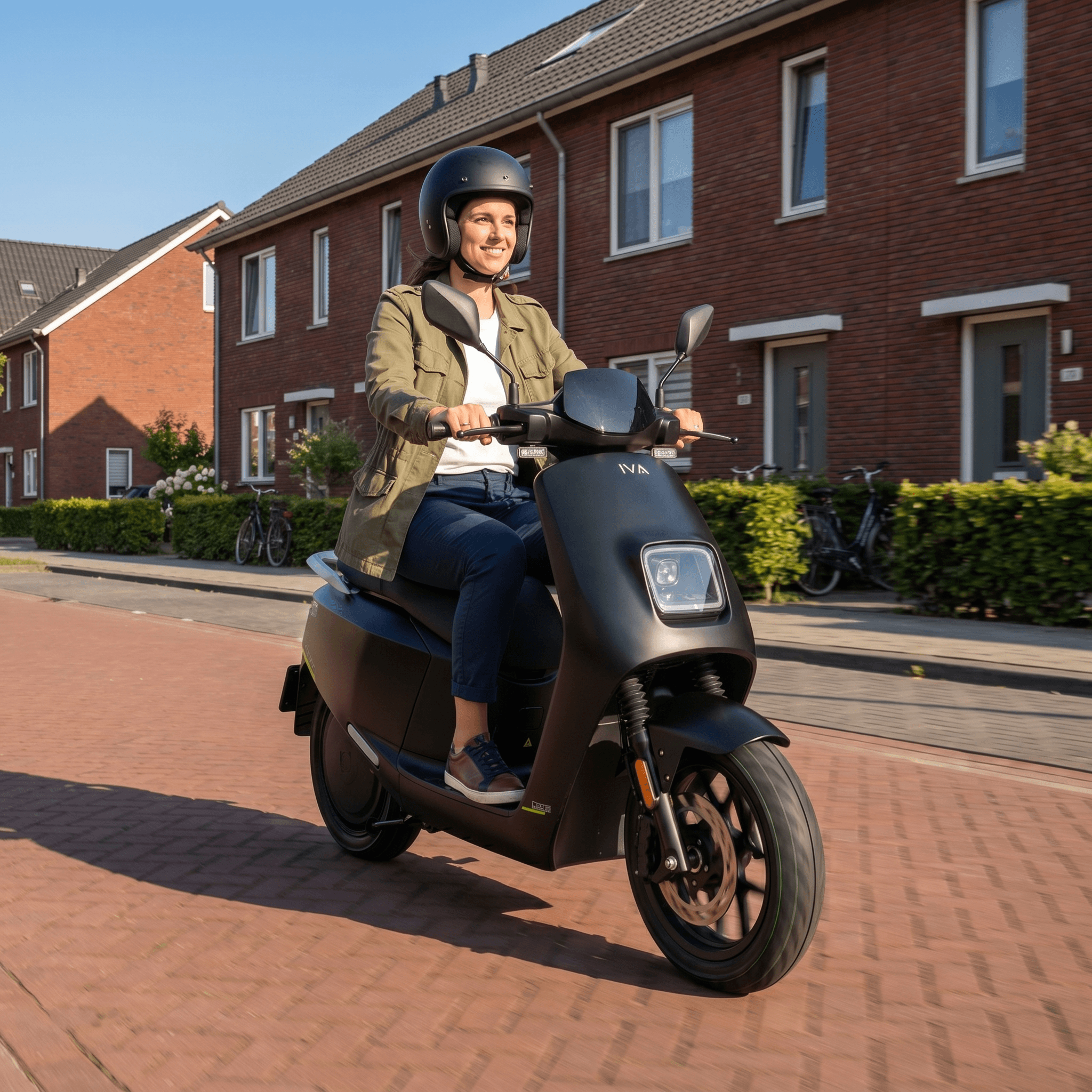 IVA NCE Matzwart elektrische scooter met zwart frame en compacte ontwerp, geschikt voor stadsvervoer.