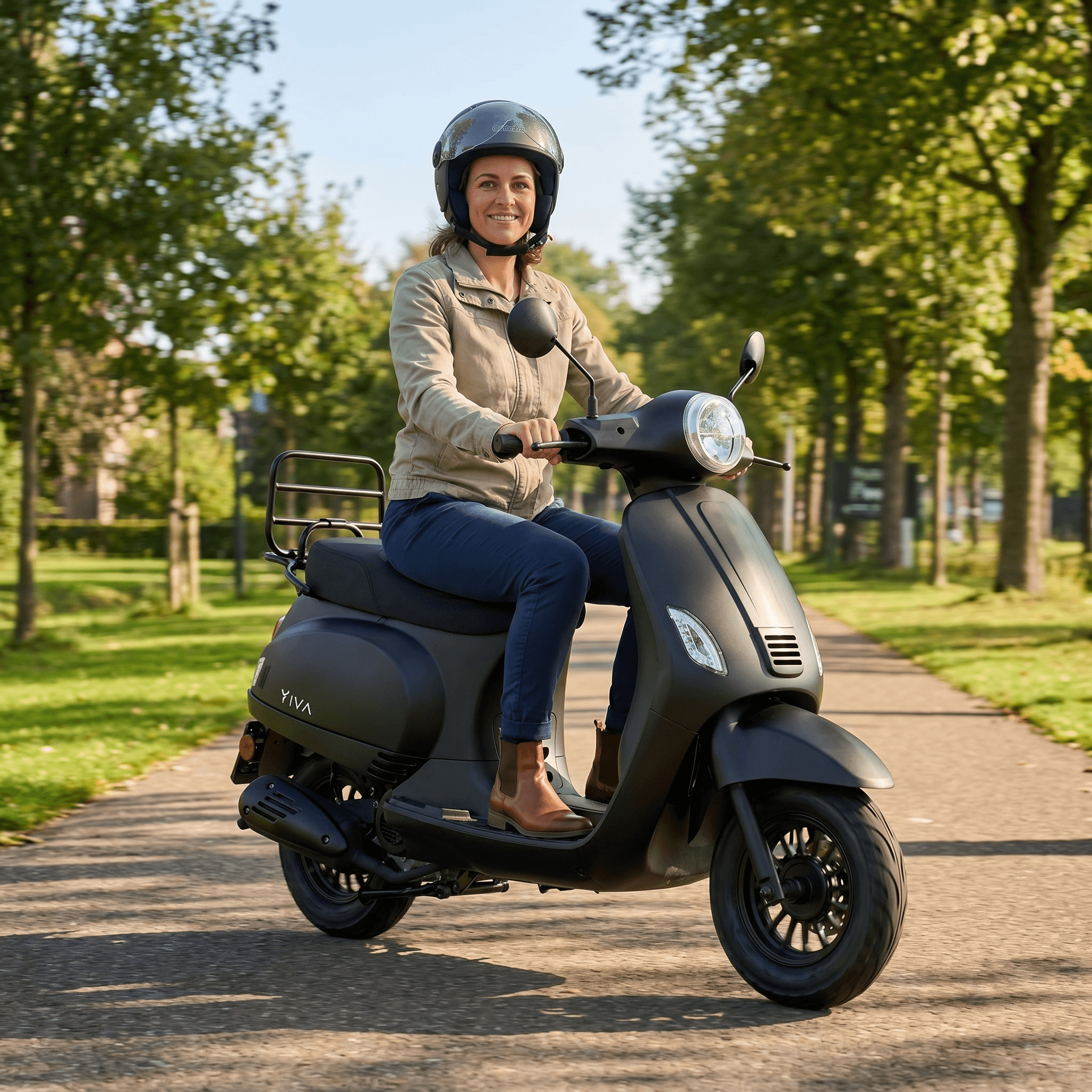 IVA Lux Electric 2.0 e-scooter in matzwart, met handvat en wielen, klaar voor gebruik.