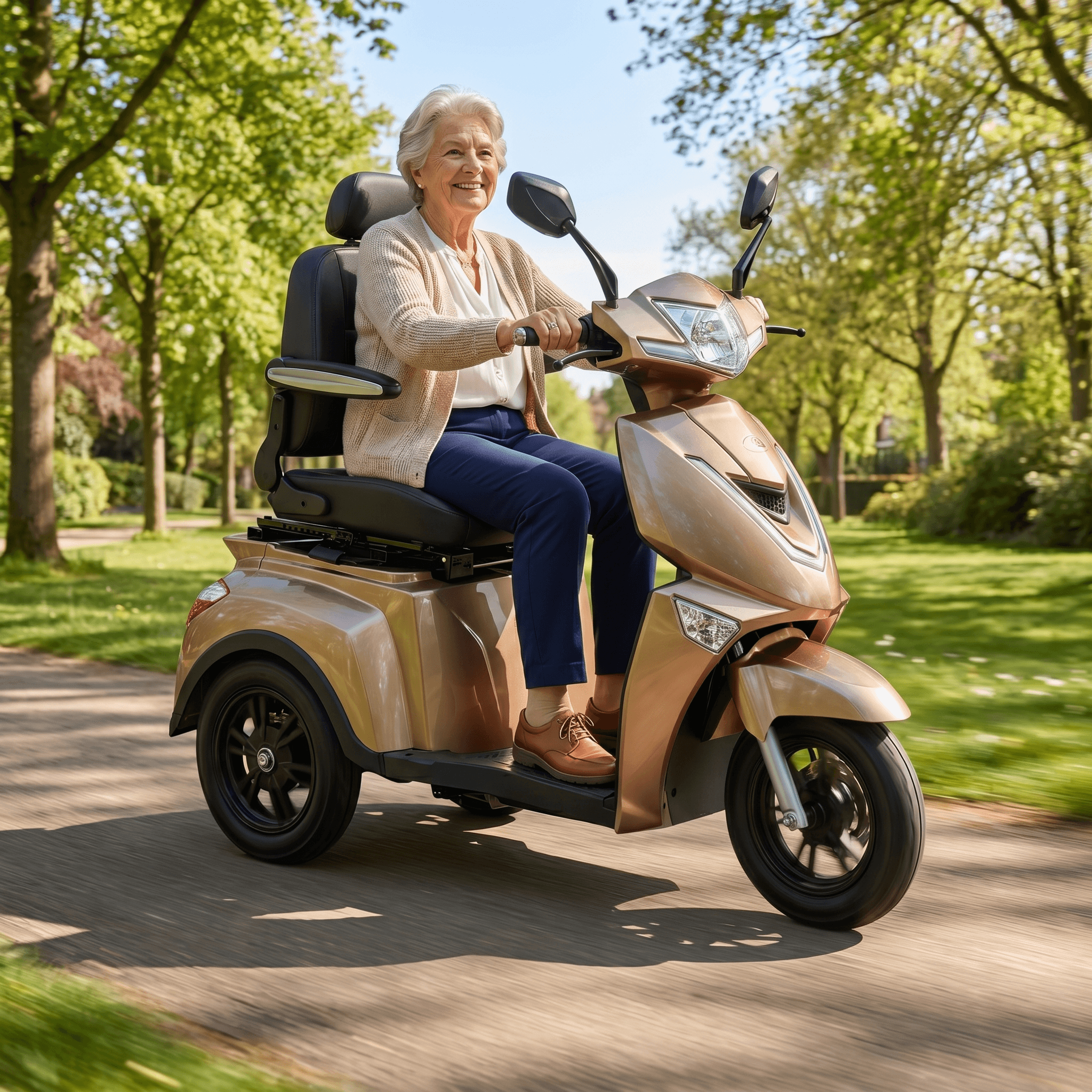 IVA Z1000 scootmobiel in champagne kleur met stuur en wielen zichtbaar op afbeelding.