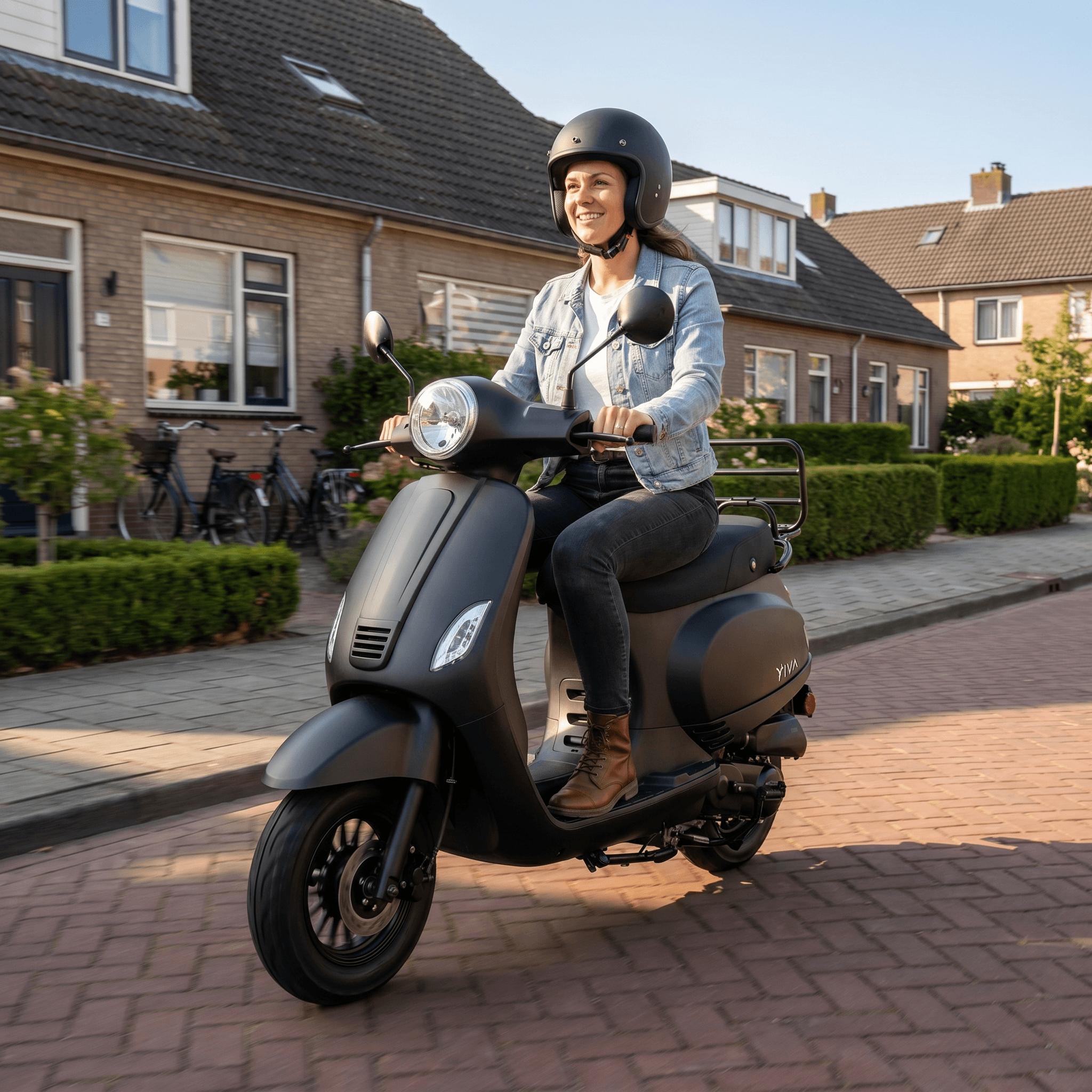 IVA Lux Electric 2.0 E-scooter in matzwart met handvatten en display, klaar voor gebruik op de weg.