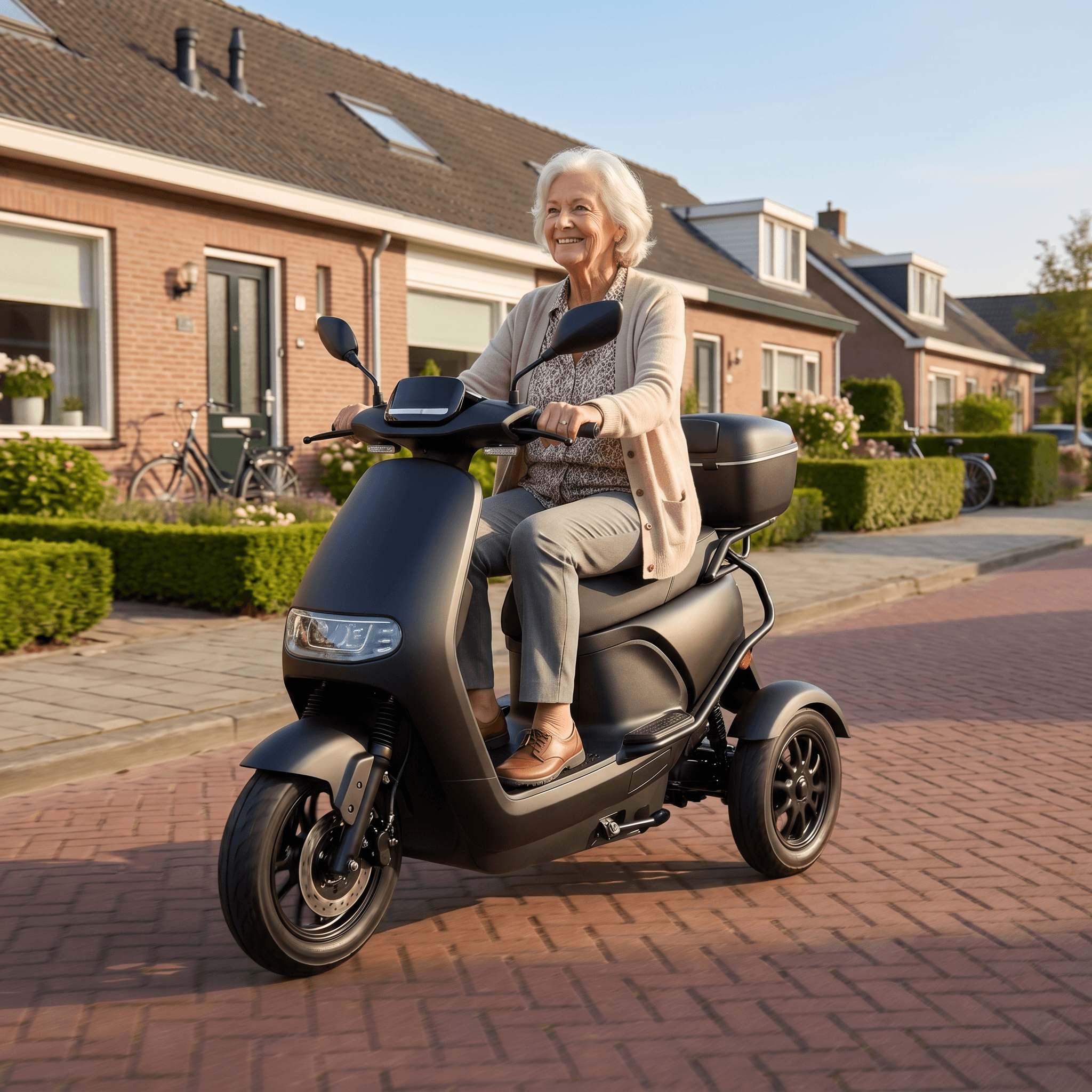 IVA TR3 2.0 scootmobiel in matzwart met comfortabele zit en stevige wielen, ontworpen voor optimale mobiliteit en gebruiksgemak.