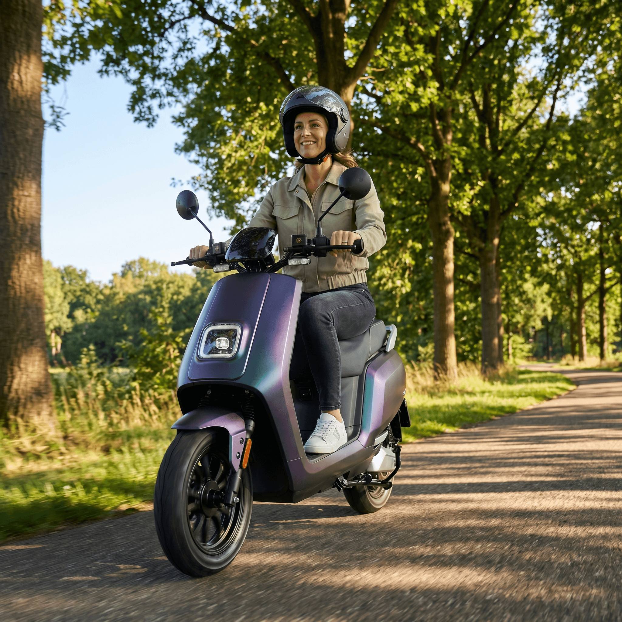 IVA E-GO S5 Kameleon e-scooter met zwart en groene accenten, klaar voor gebruik op straat