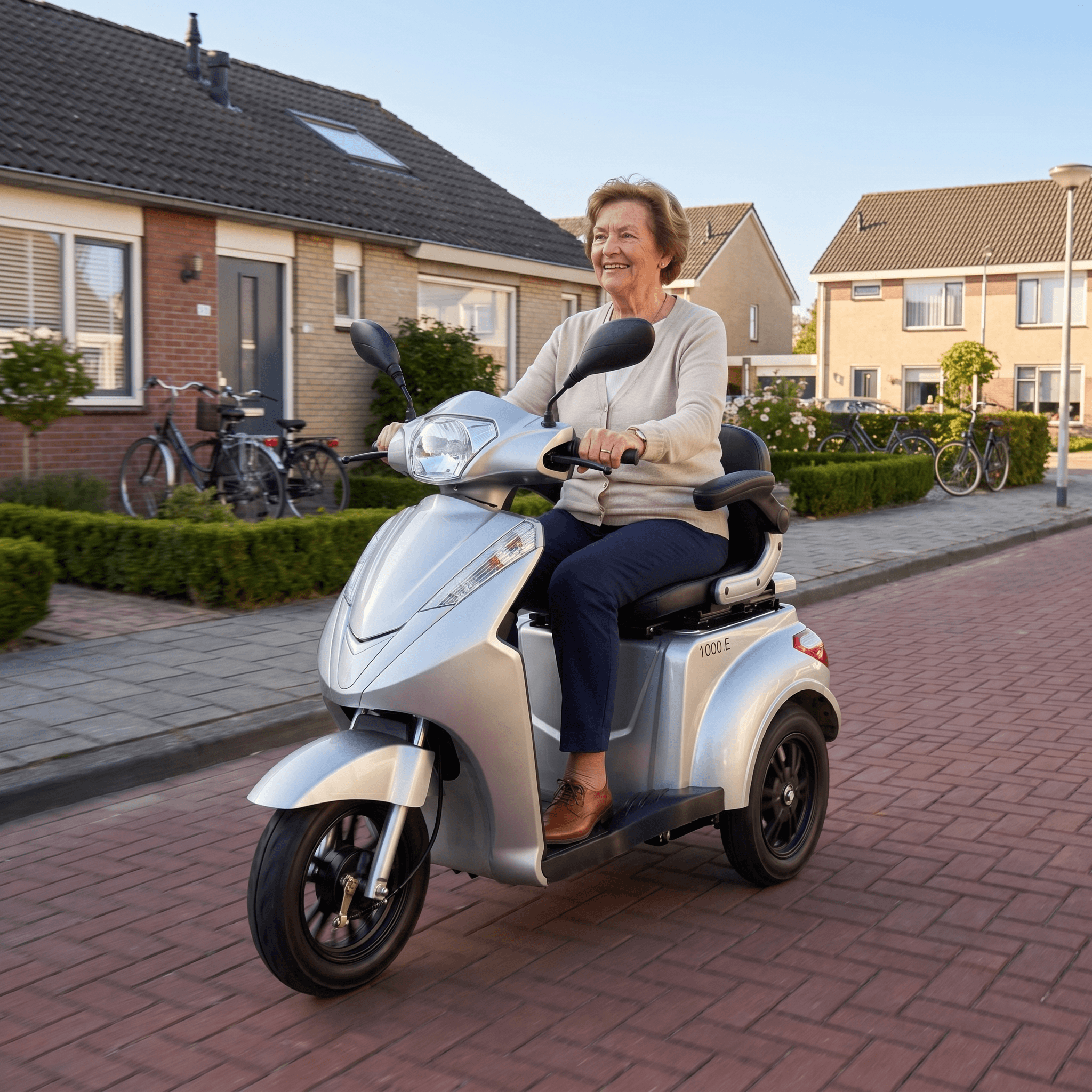 IVA E1000 zilveren scootmobiel met comfortabele zit en stuur, geschikt voor mobiliteitsondersteuning.