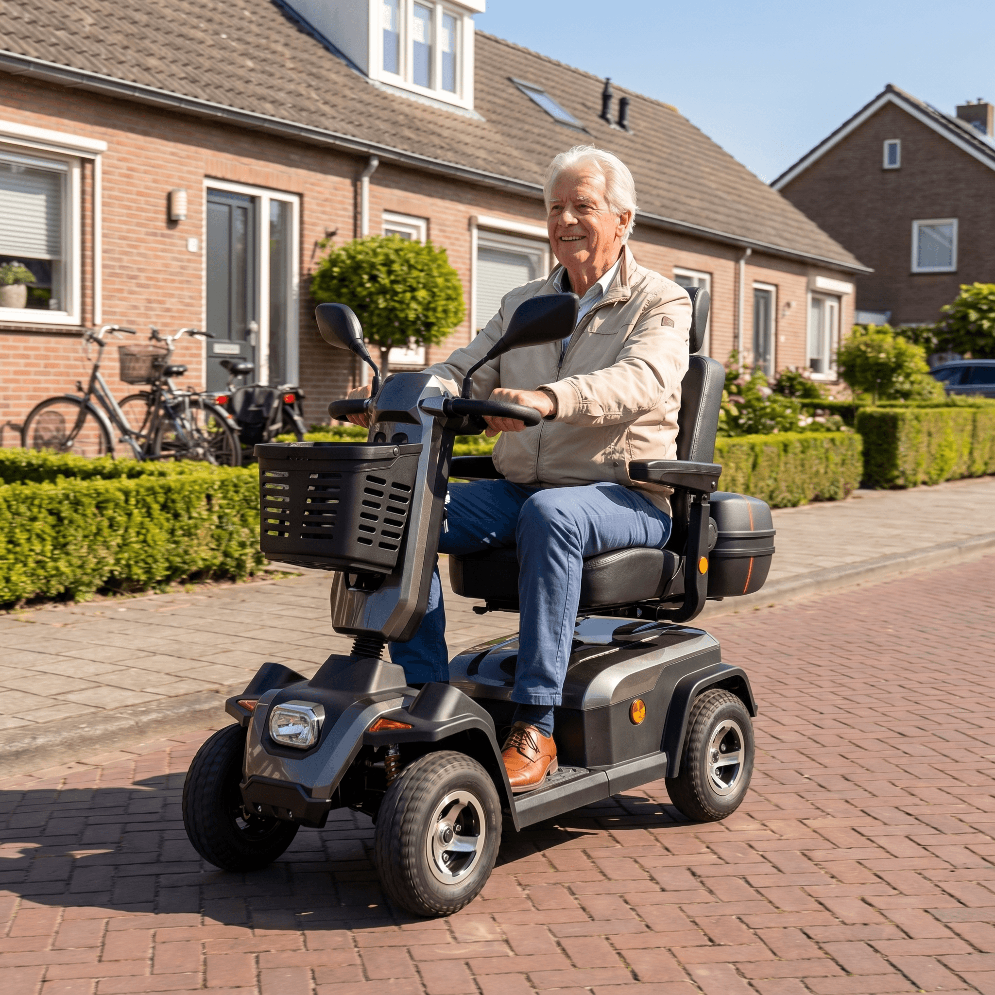 IVA Rider 700 grijze scootmobiel met comfortabele stoel en stuur, geschikt voor mobiliteit en stadsgebruik.