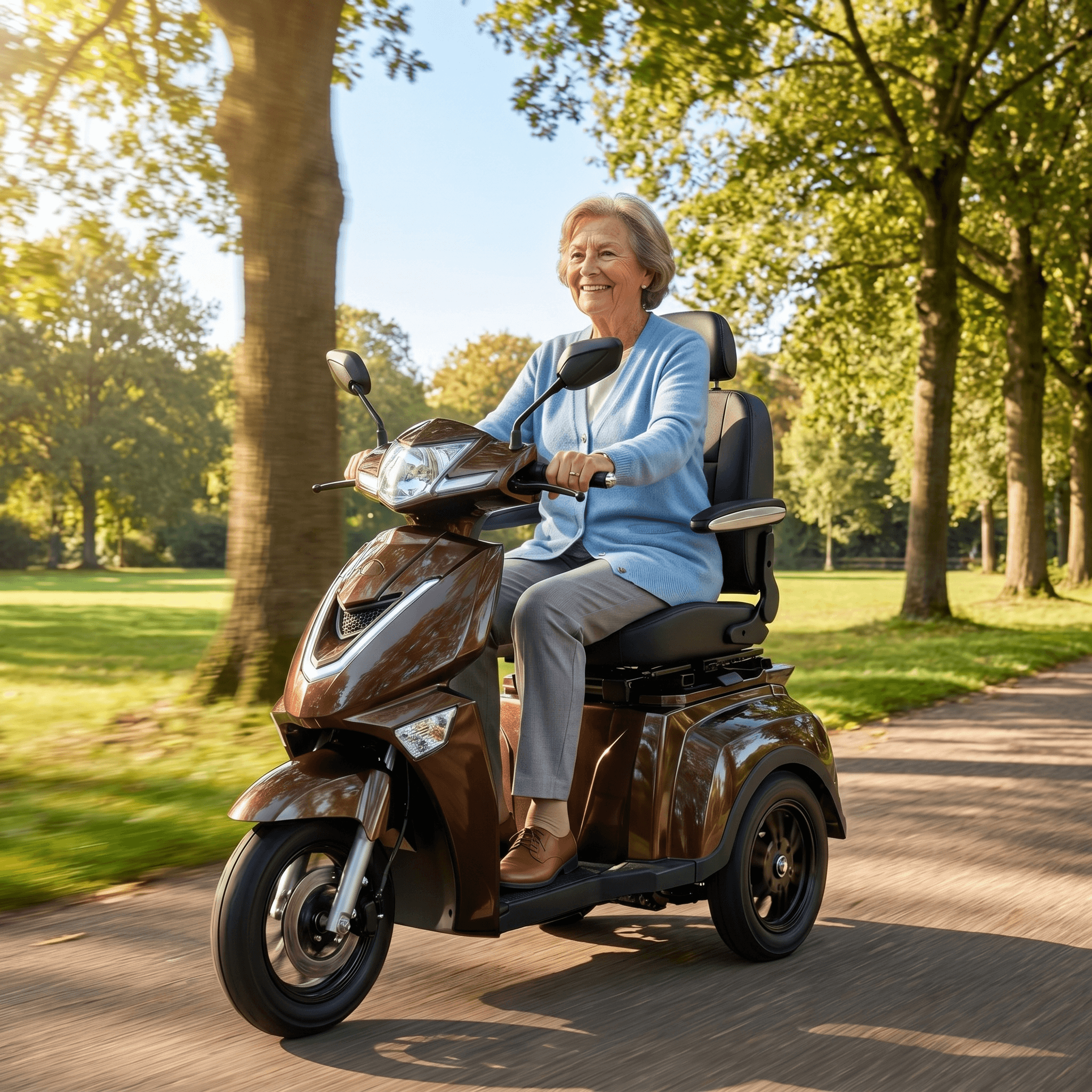 IVA Z1000 Bruin scootmobiel met comfortabele stoel en stuur, geschikt voor gemakkelijke mobiliteit binnen en buiten.
