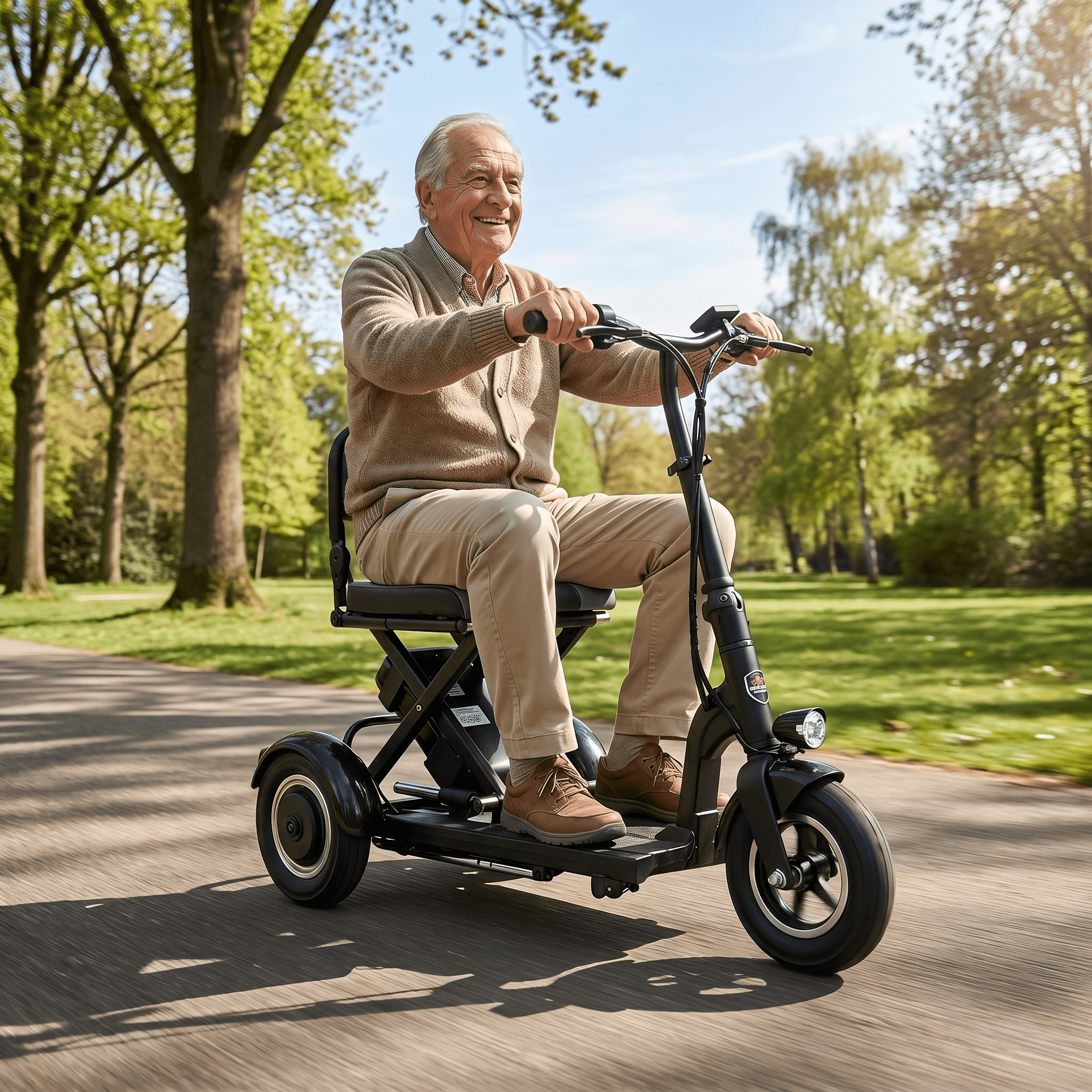 IVA Traveler 300 zwart scootmobiel met comfortabele stoel en stuur, geschikt voor mobiliteitsondersteuning.