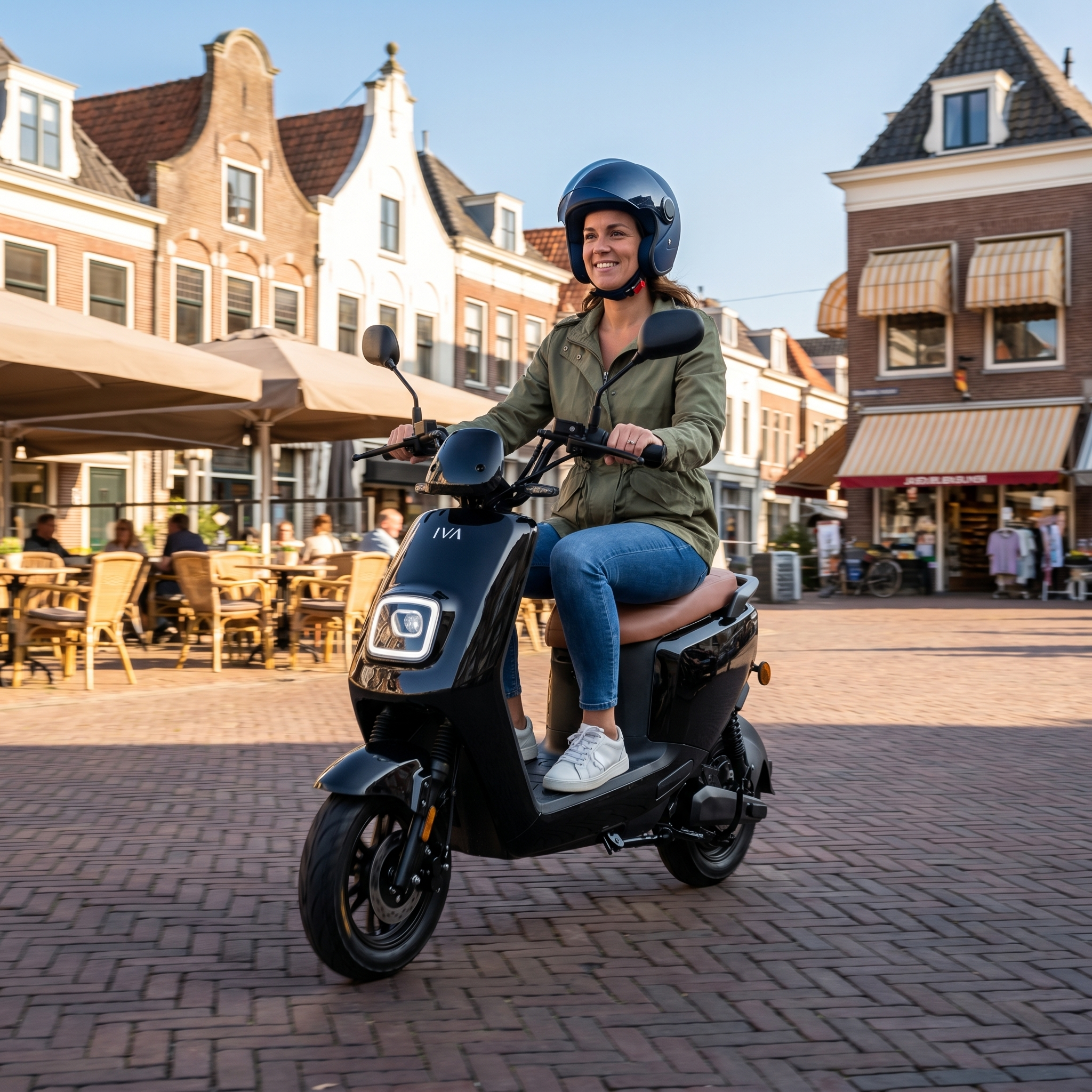 Zwarte IVA E-GO S4 2.0 elektrische scooter met duwstang en wielen, klaar voor gebruik.