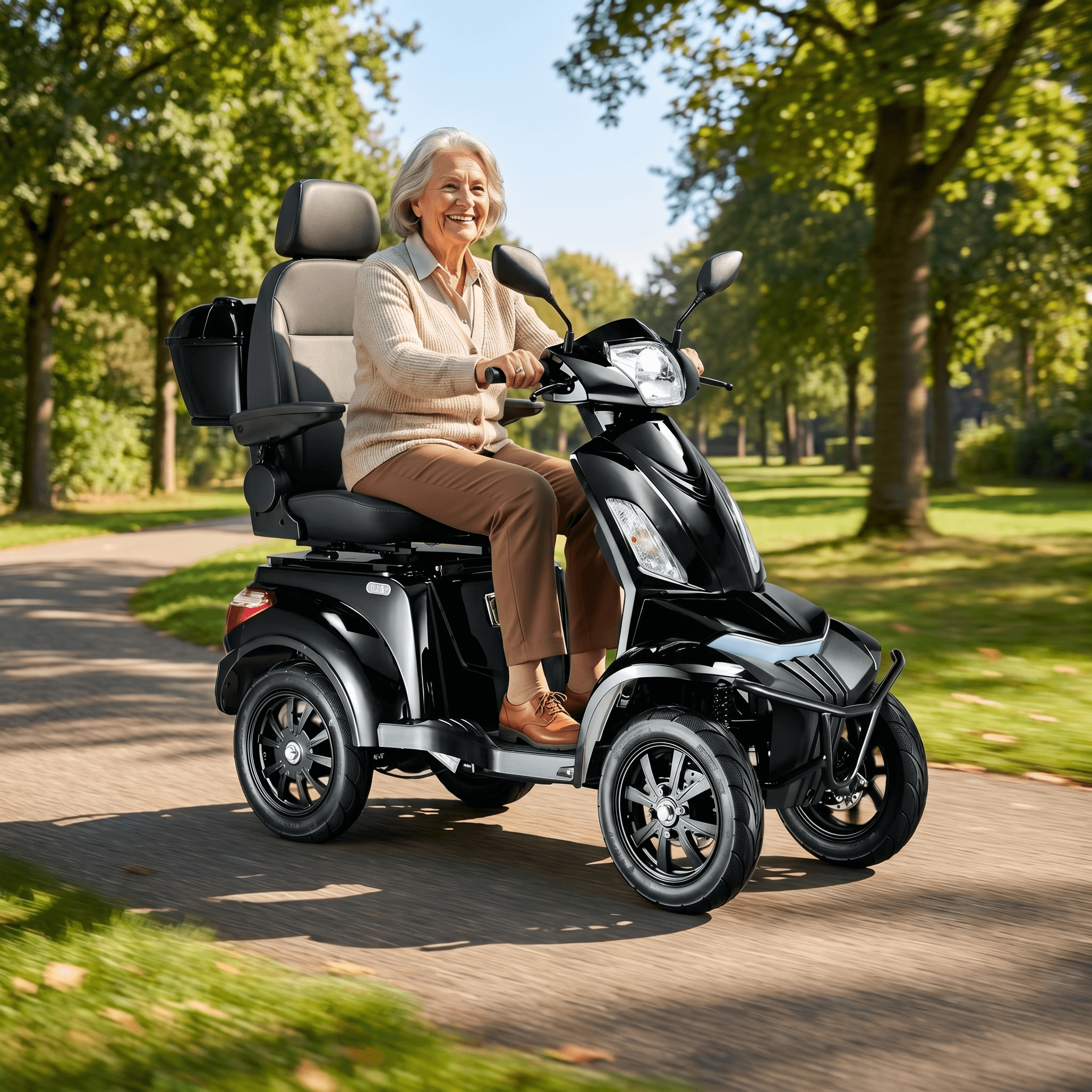 IVA S1000 scootmobiel in zwart, zichtbaar met comfortabele zit en stuur, geschikt voor mobiliteitshulp.