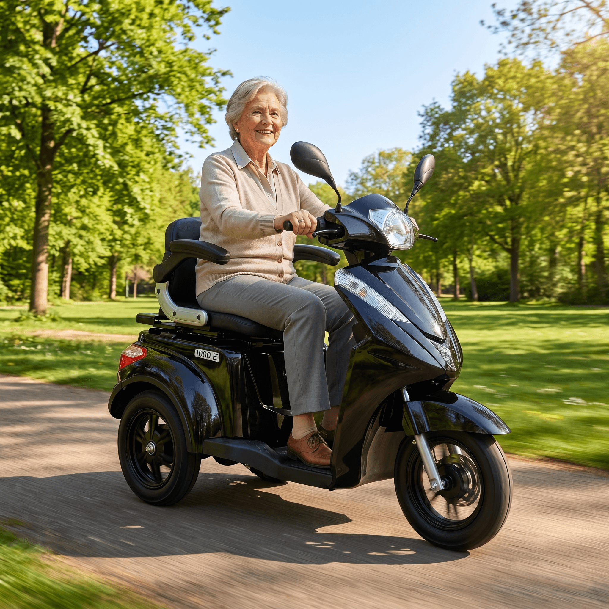 IVA E1000 zwart scootmobiel met comfortabele stoel en stuur, geschikt voor gemakkelijk bewegen en mobiliteit.