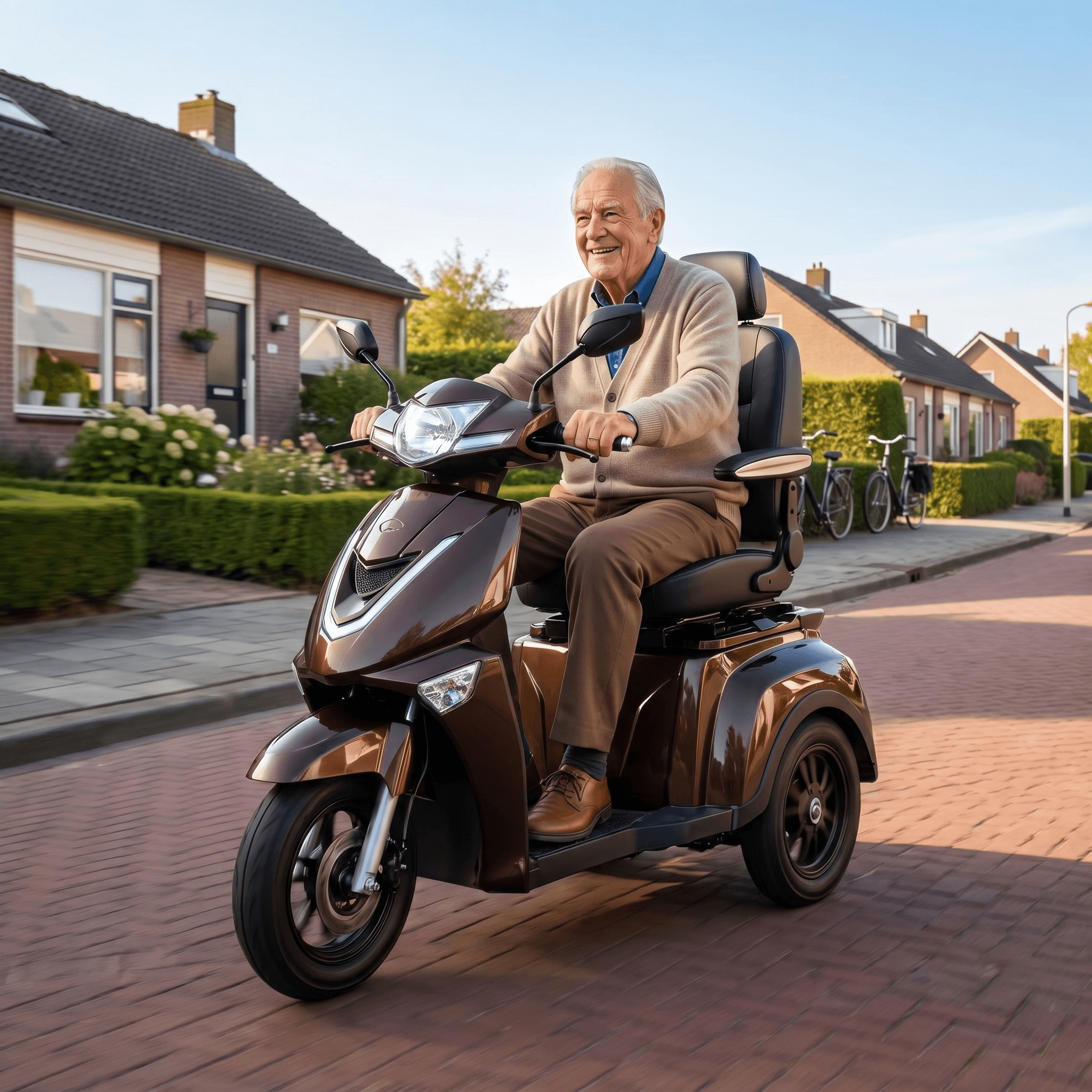 IVA Z1000 bruine scootmobiel met comfortabele stoel en stuur, geschikt voor mobiliteitshulpmiddelen.