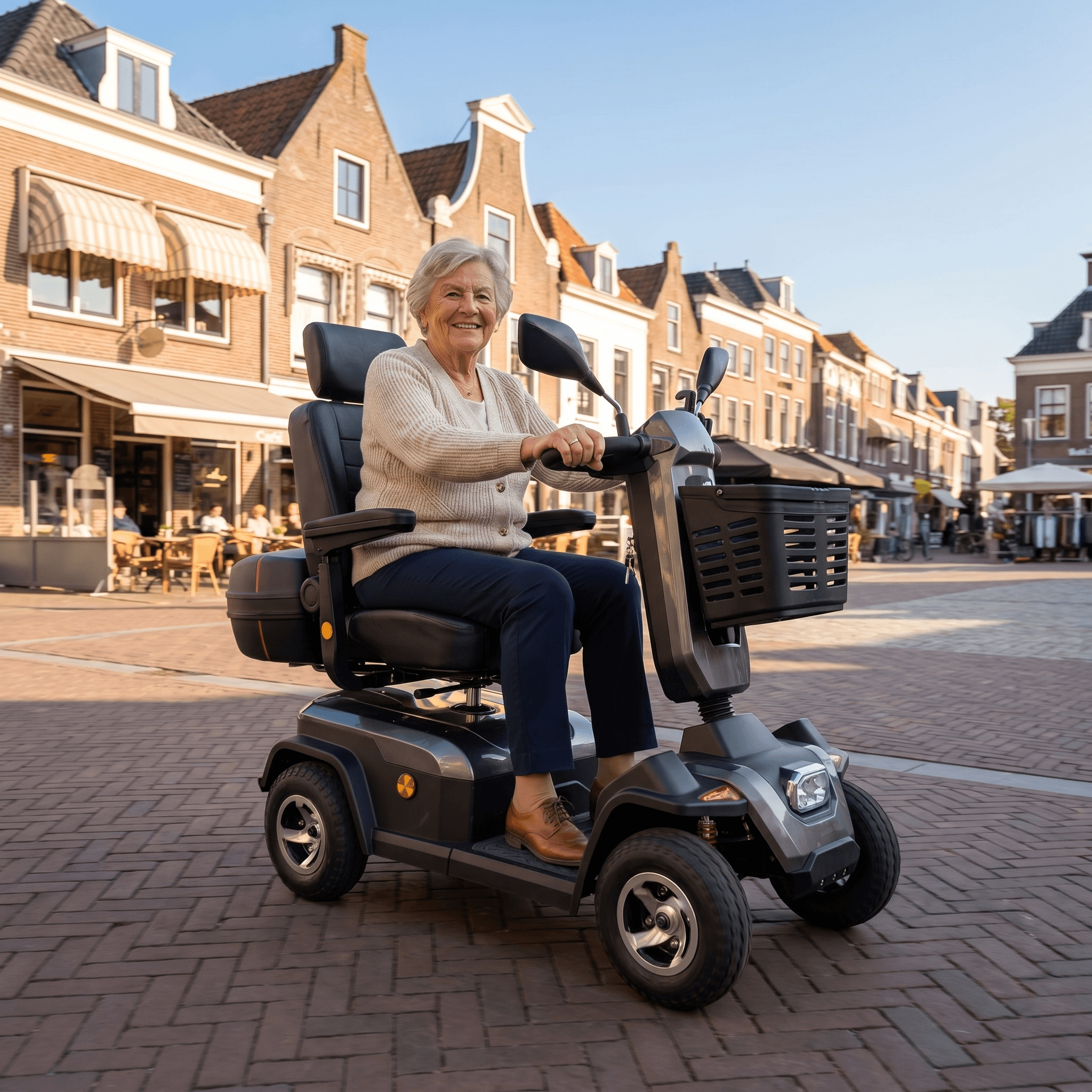 IVA Rider 700 grijze scootmobiel met comfortabele zitting en stuur, geschikt voor mobiliteit en dagelijks gebruik.
