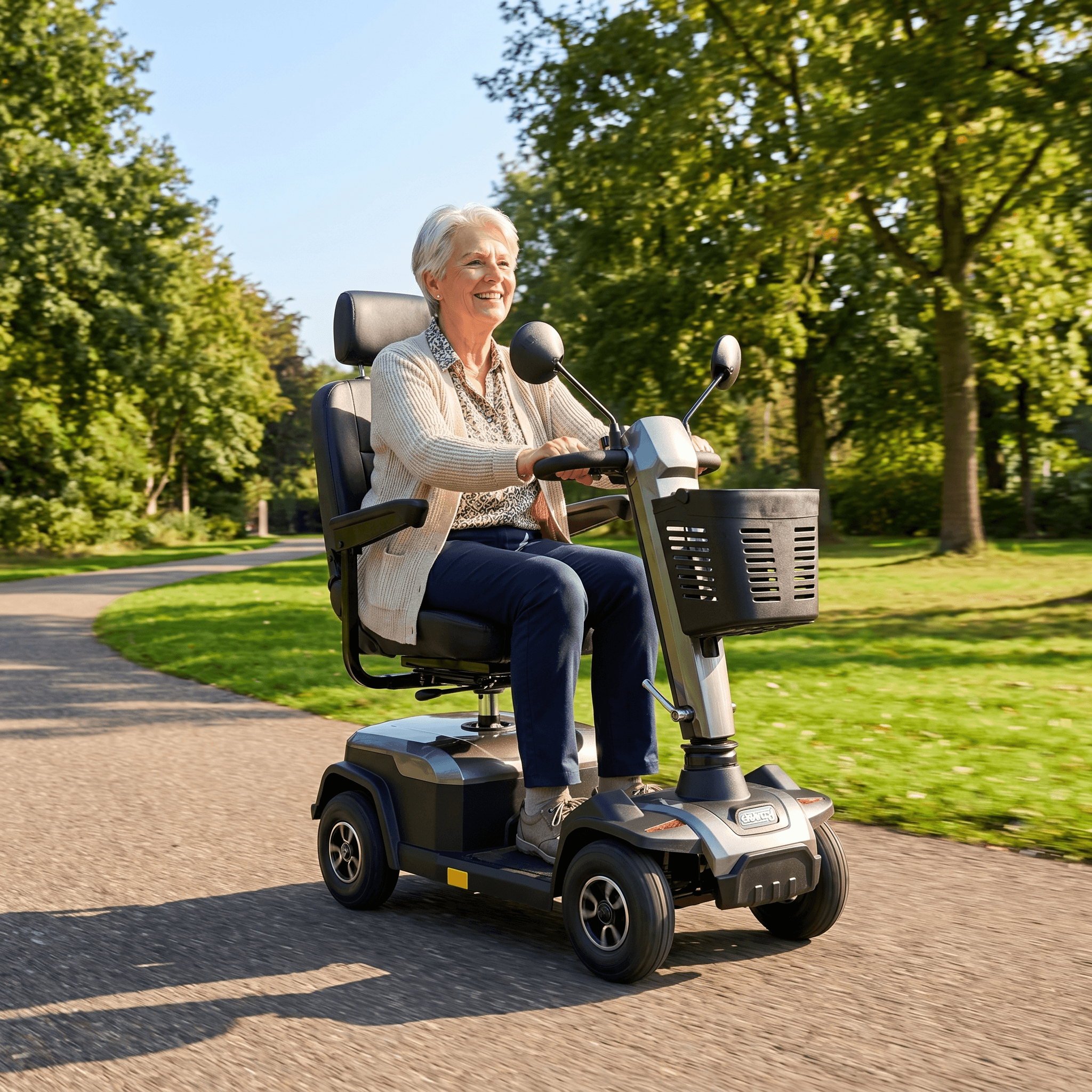 IVA Rider 300 grijze scootmobiel met stuur en zitting, geschikt voor comfortabel vervoer.