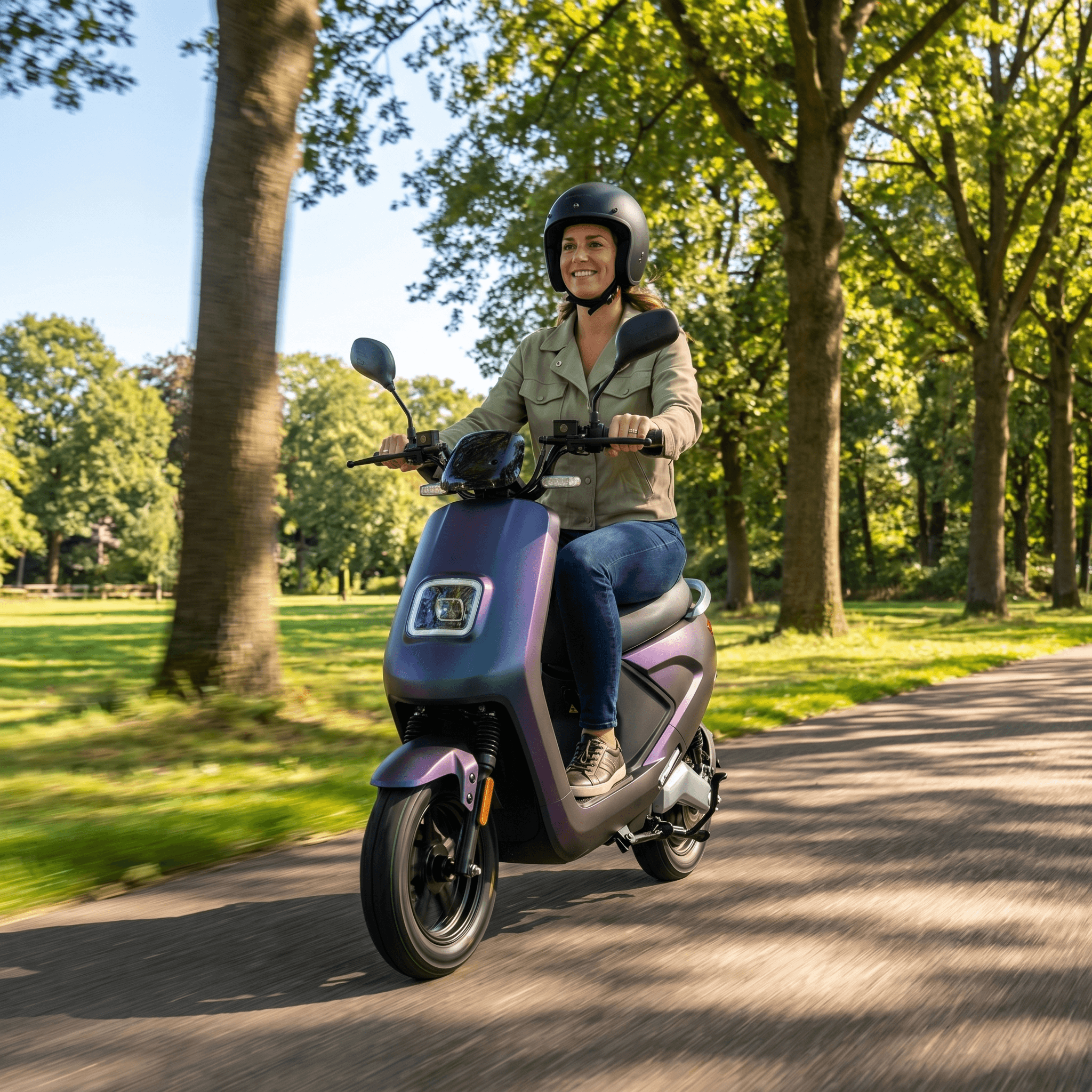 IVA E-GO S4 Kameleon elektrische scooter met zwart en groene details, klaar voor gebruik op de straat