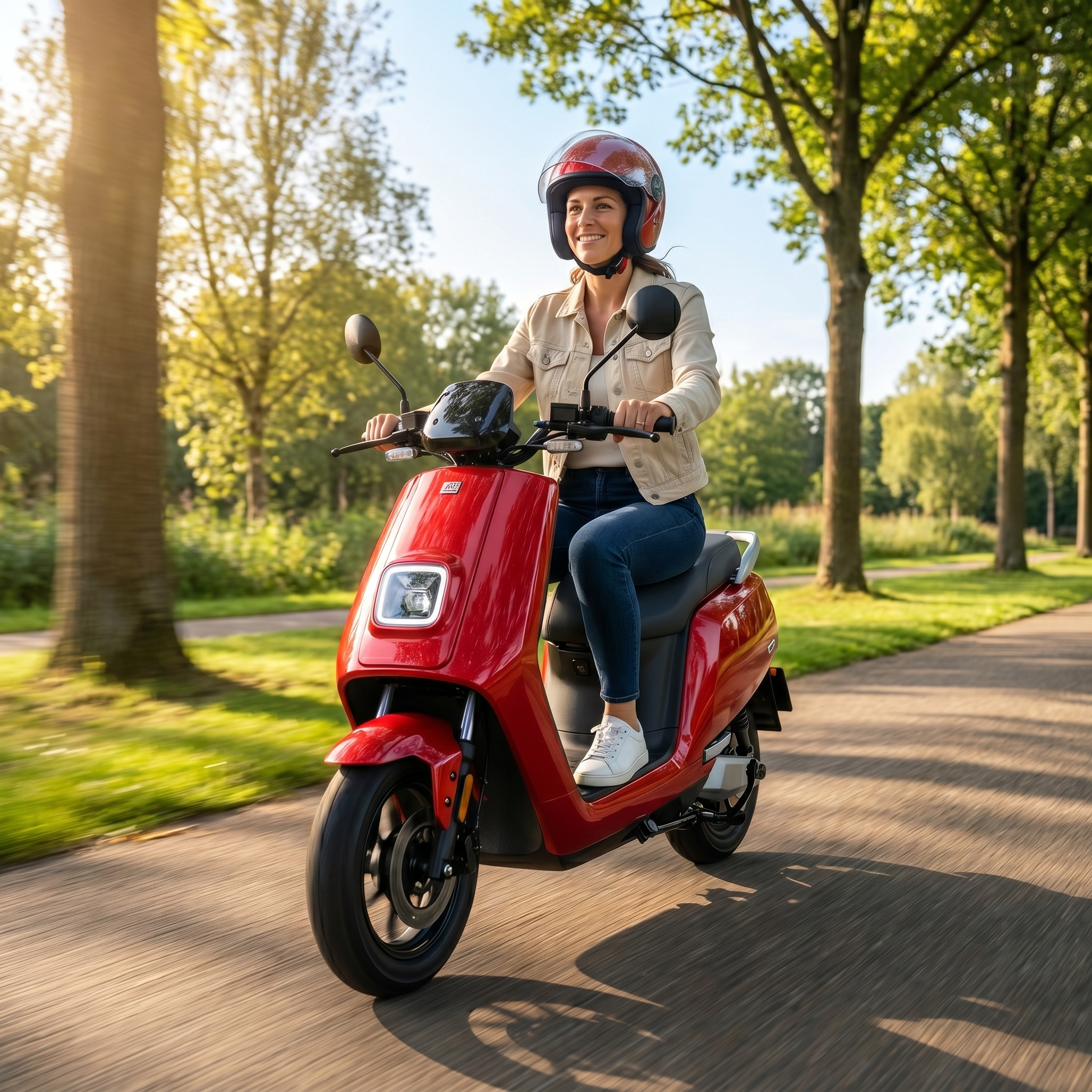 IVA E-GO S5 rood elektrische scooter met brede wielen en handvatten, klaar voor gebruik op de weg.