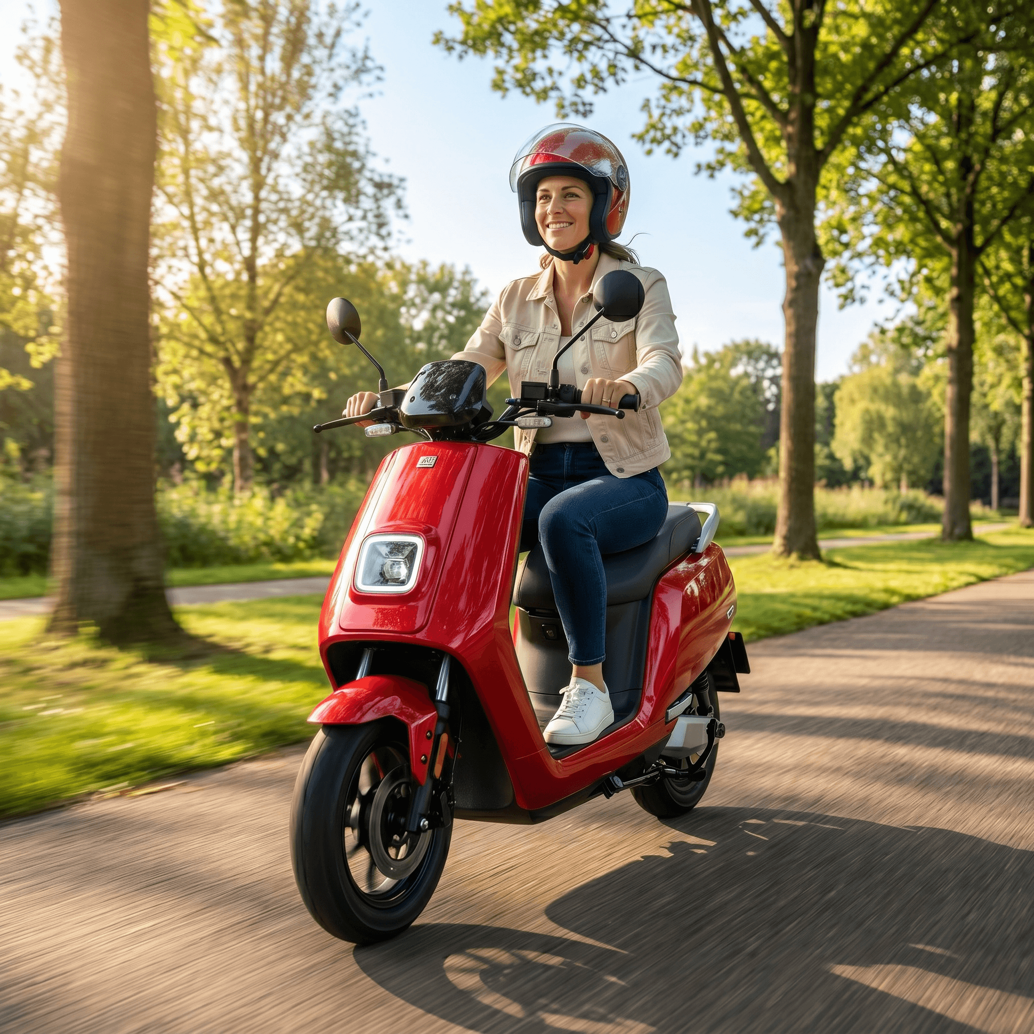 IVA E-GO S5 rood elektrische scooter met brede wielen en handvatten, klaar voor gebruik op de weg.