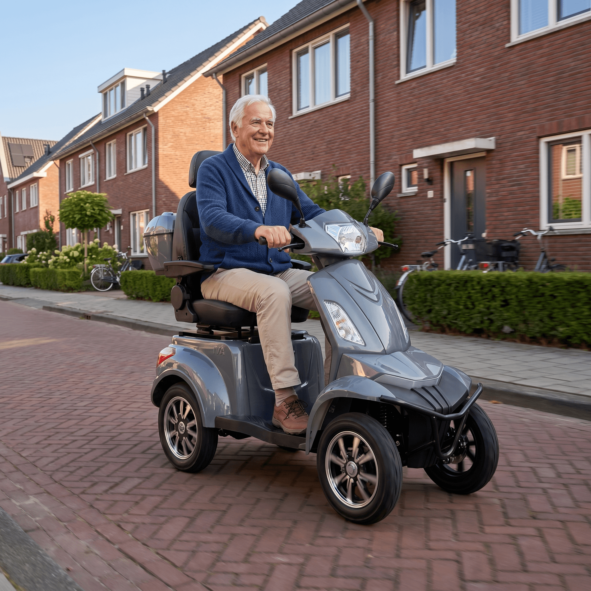 IVA S1000 grijze scootmobiel met comfortabele stoel en stuur, geschikt voor mobiliteitsondersteuning.