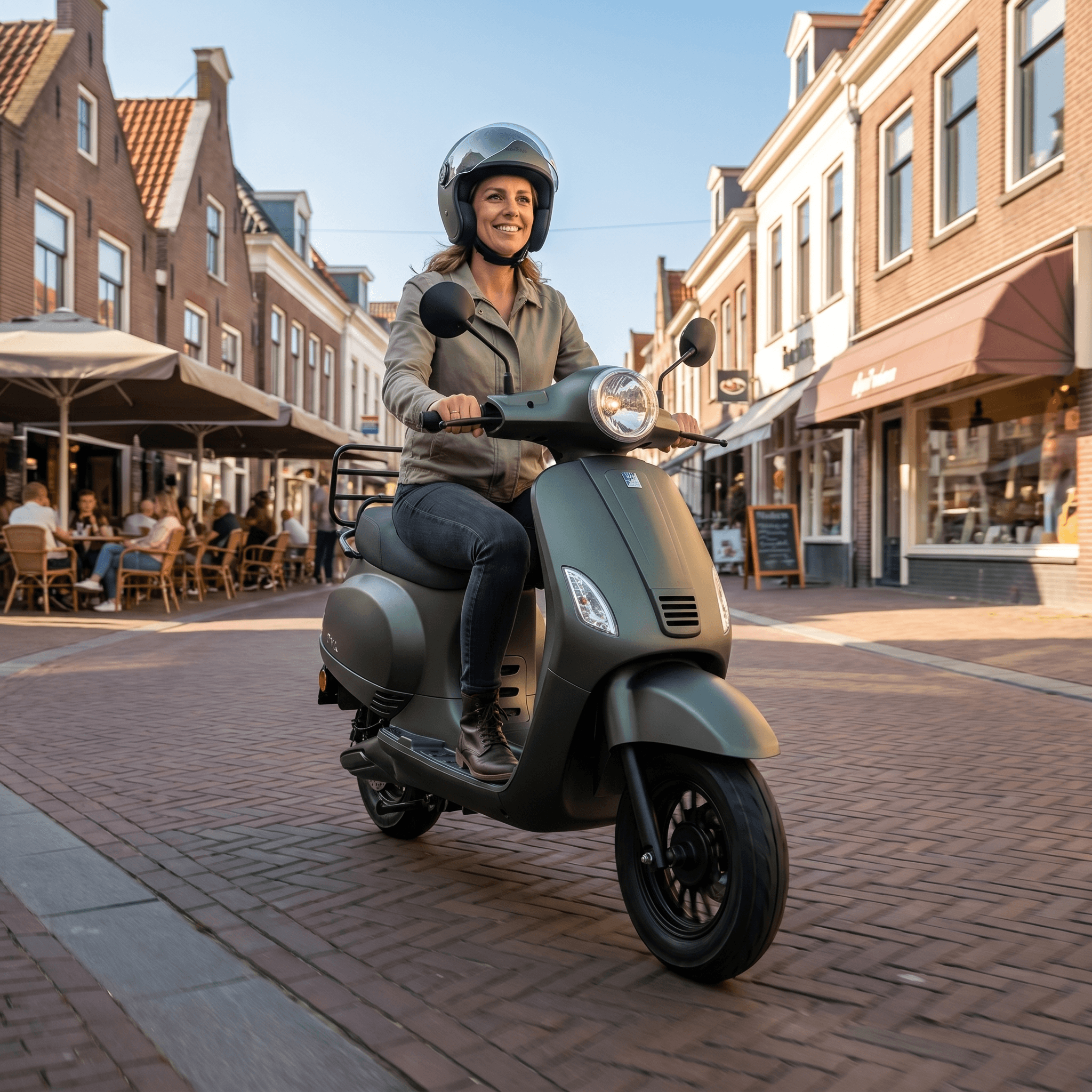 IVA Lux Electric 2.0 E-scooter in matgroen, met moderne ontwerp en handvatten, klaar voor ritten in de stad