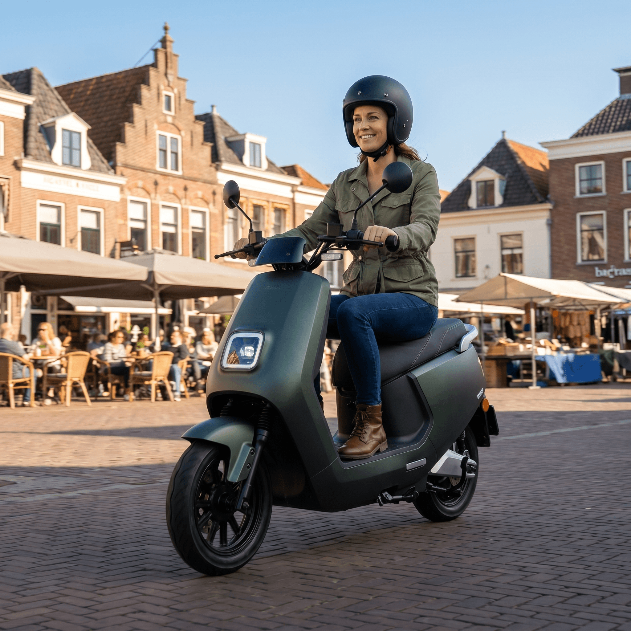 IVA E-GO S8 elektrische scooter in matgroen, licht en compact ontwerp met handvatten en wielen zichtbaar.