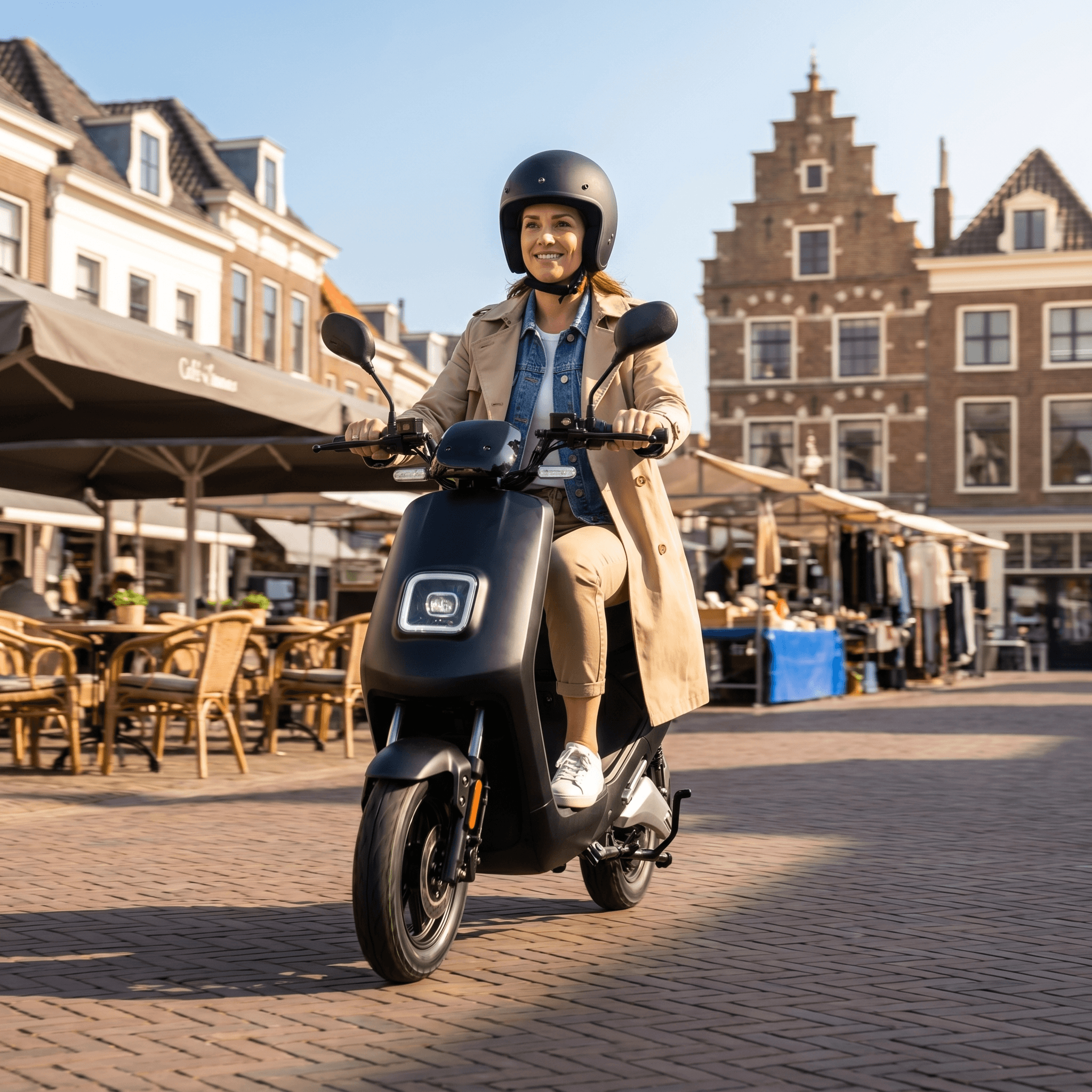 IVA E-GO S4 e-scooter in matzwart met handvatten en wielen, klaar voor gebruik, op een witte achtergrond.