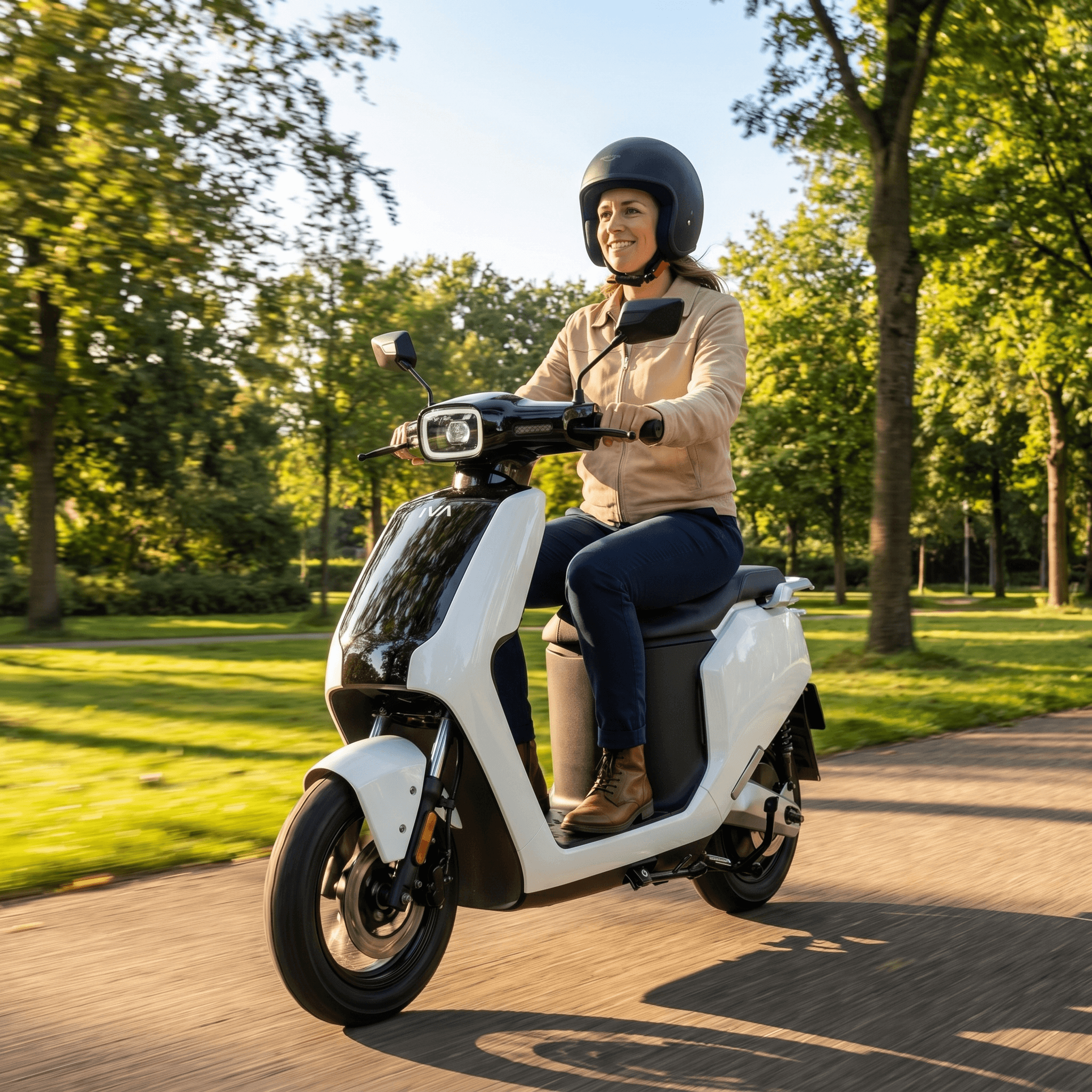 IVA NCS Wit elektrische scooter met zwart stuur en wielen, modern design en compacte vormgeving voor stadsgebruik