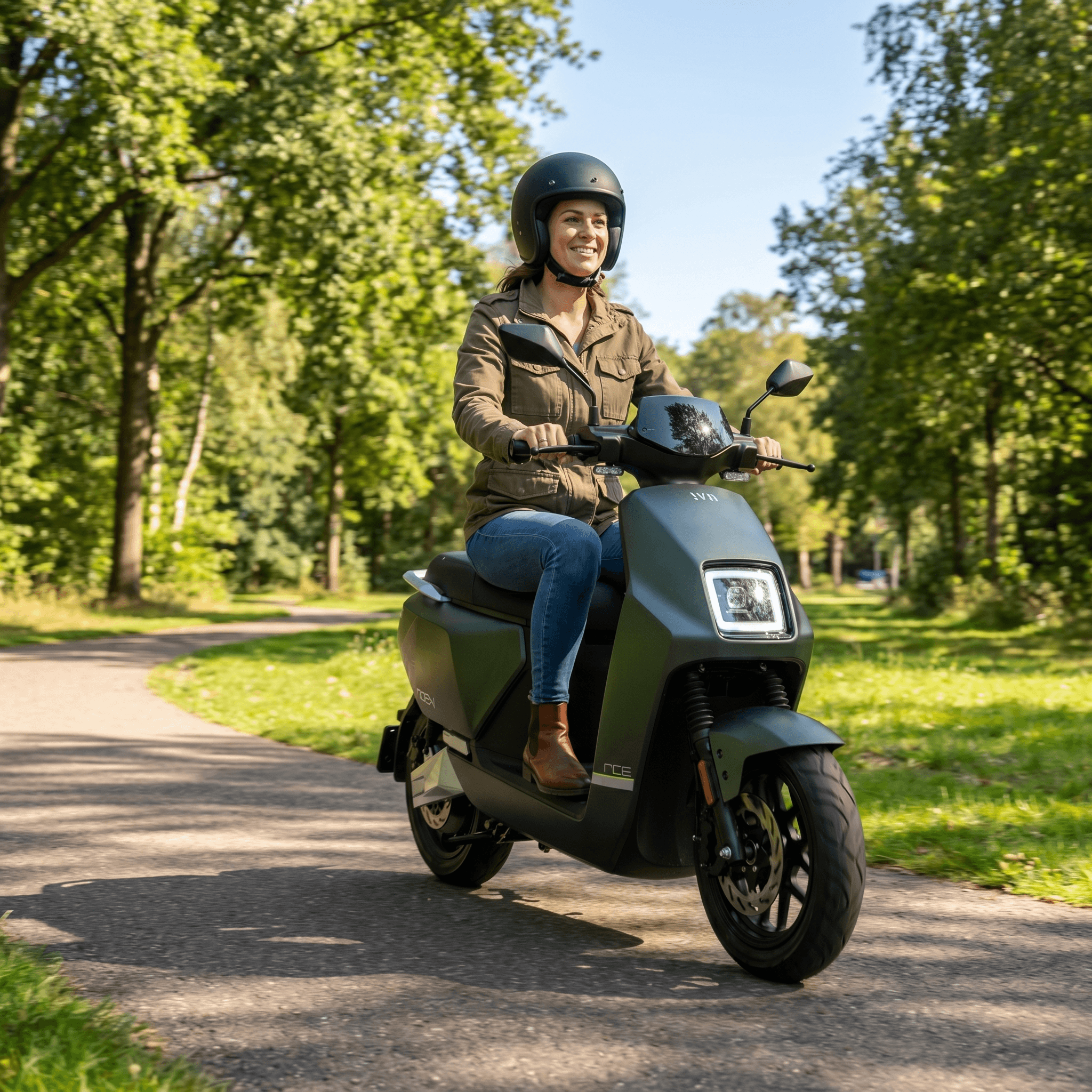 IVA NCF Matgroen elektrische scooter met groen frame en moderne ontwerp, geschikt voor stadsvervoer.