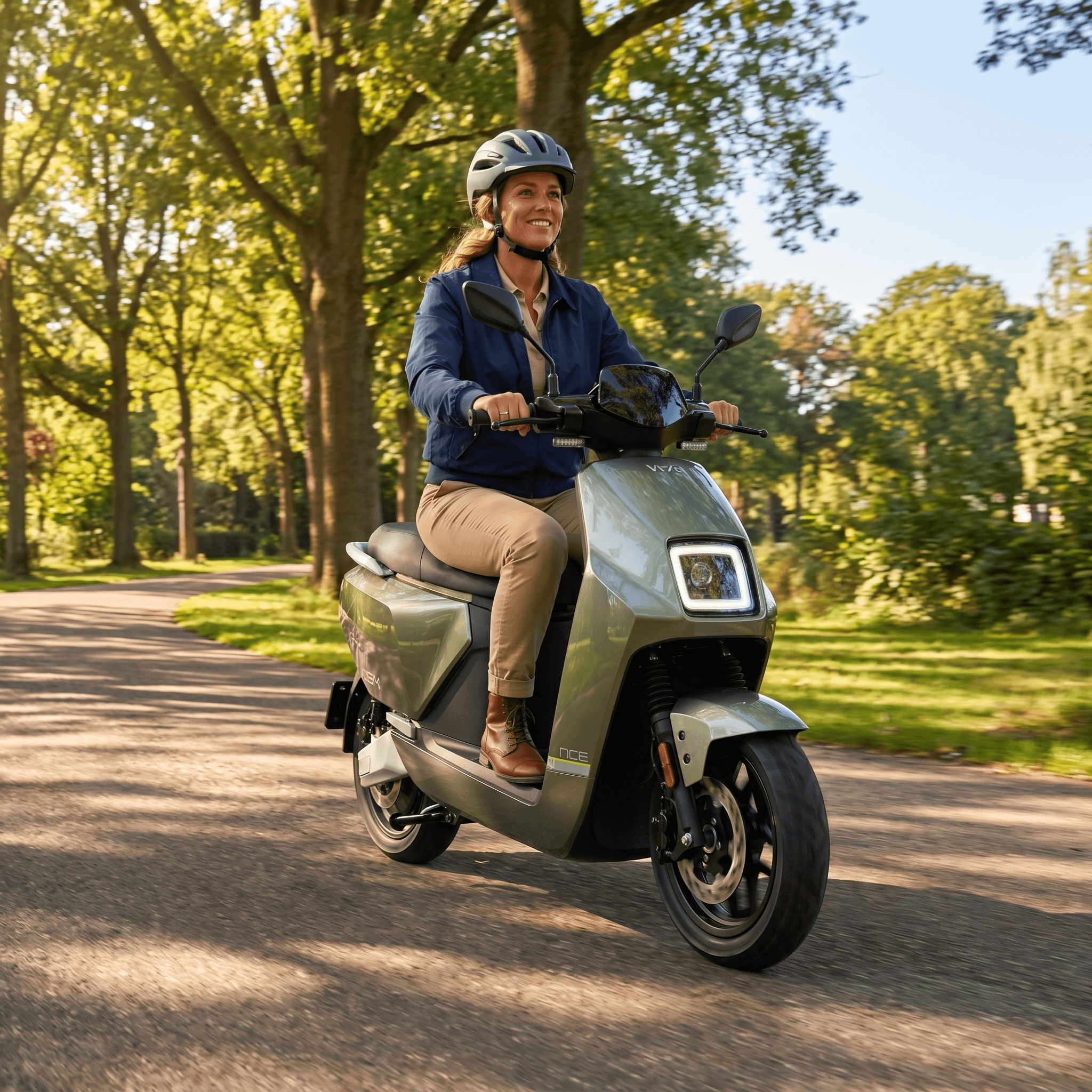 Groene IVA NCF e-scooter met strak ontwerp en handgrepen, geschikt voor stadsvervoer.