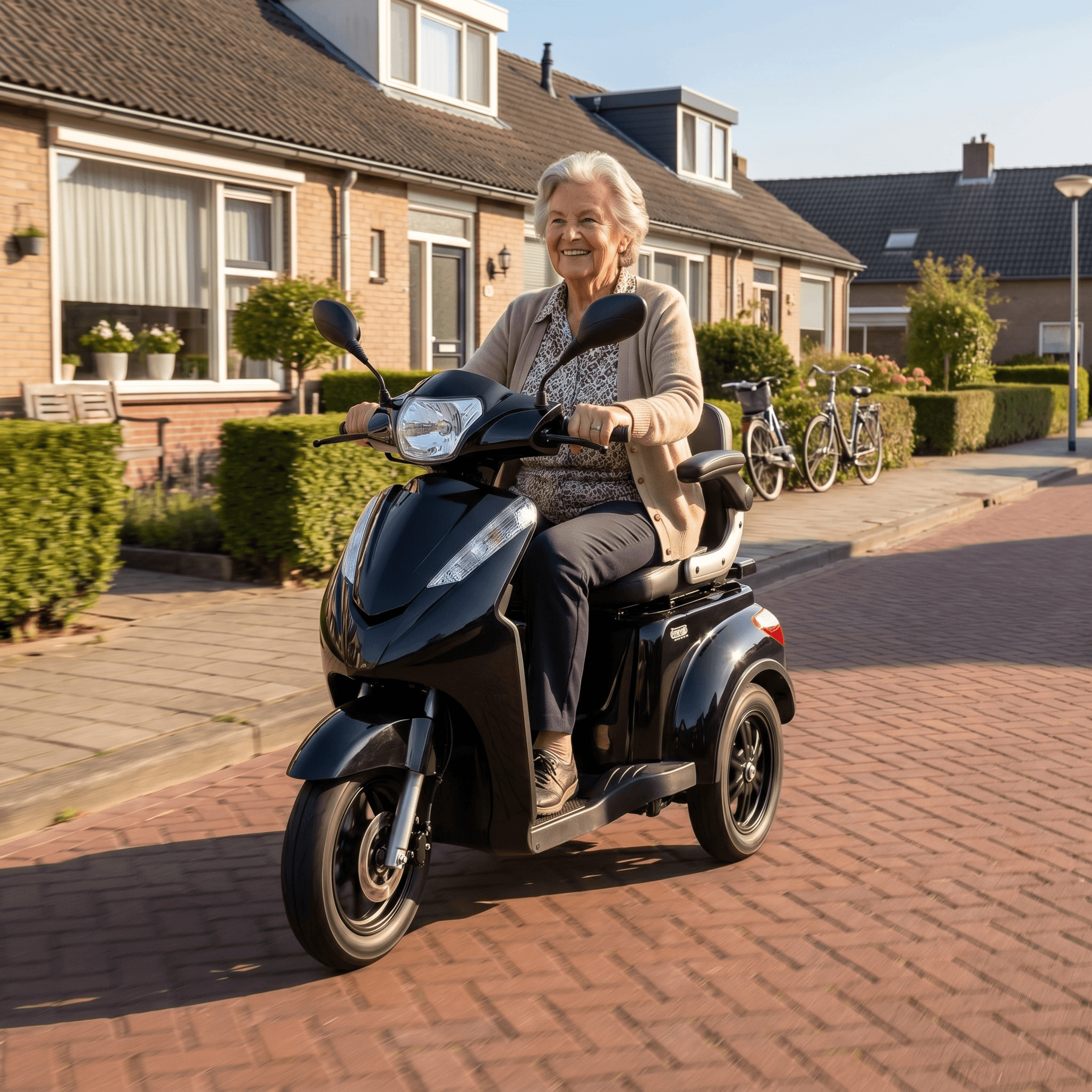 IVA E1000 zwart scootmobiel met comfortabele stoel en stuur, geschikt voor mobiliteitshulpmiddelen en binnen- en buitengebruik.