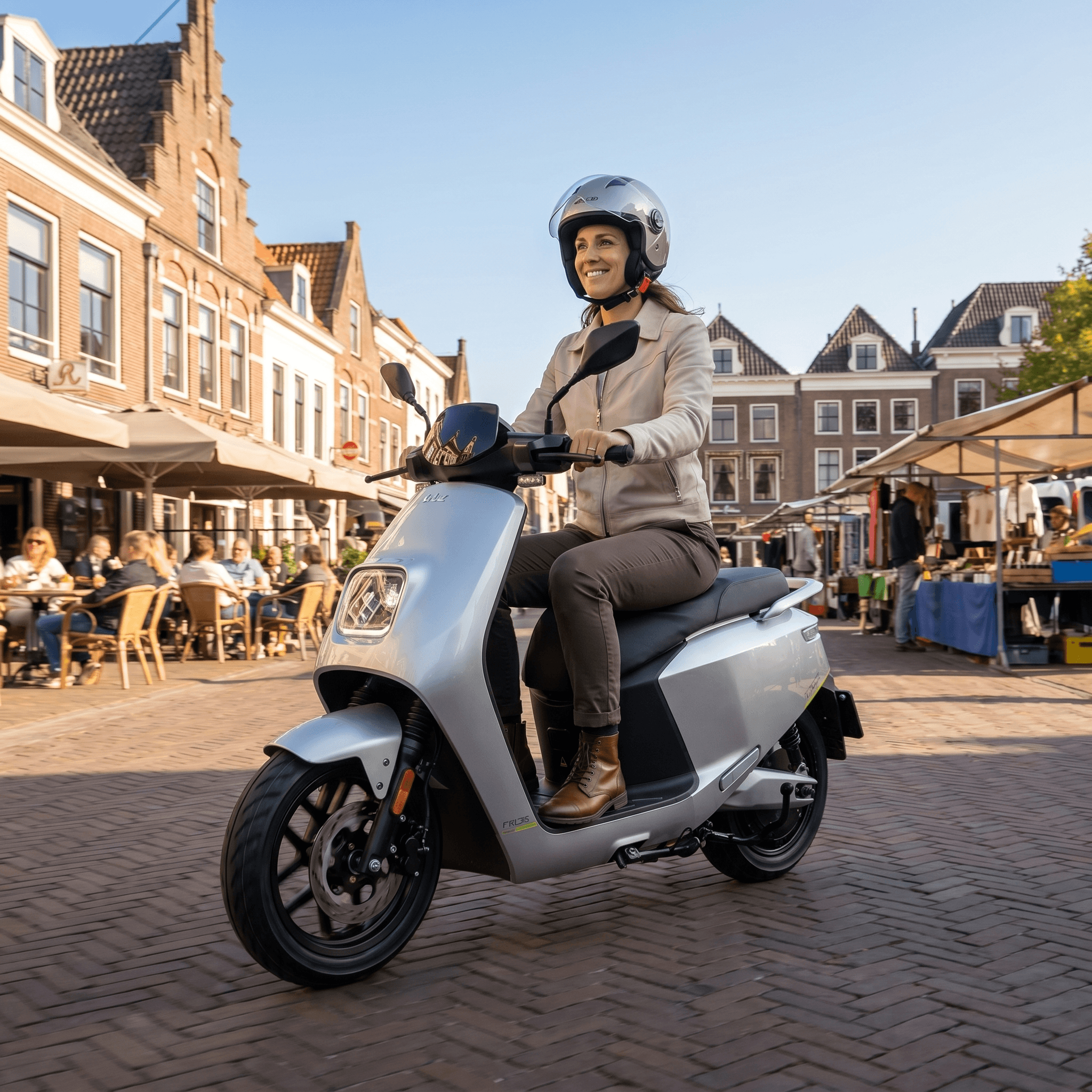 IVA NCE Pro zilveren e-scooter met handvat, display en wielen, klaar voor gebruik.