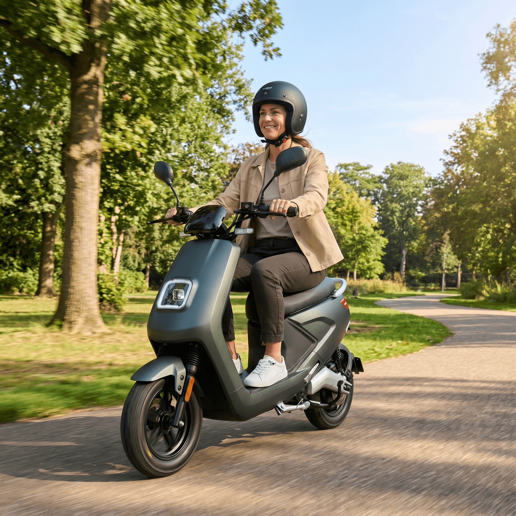 IVA E-GO S4 elektrische scooter in matgroen, zittend op een straat met stadsachtergrond en duidelijk zichtbare wielen en frame