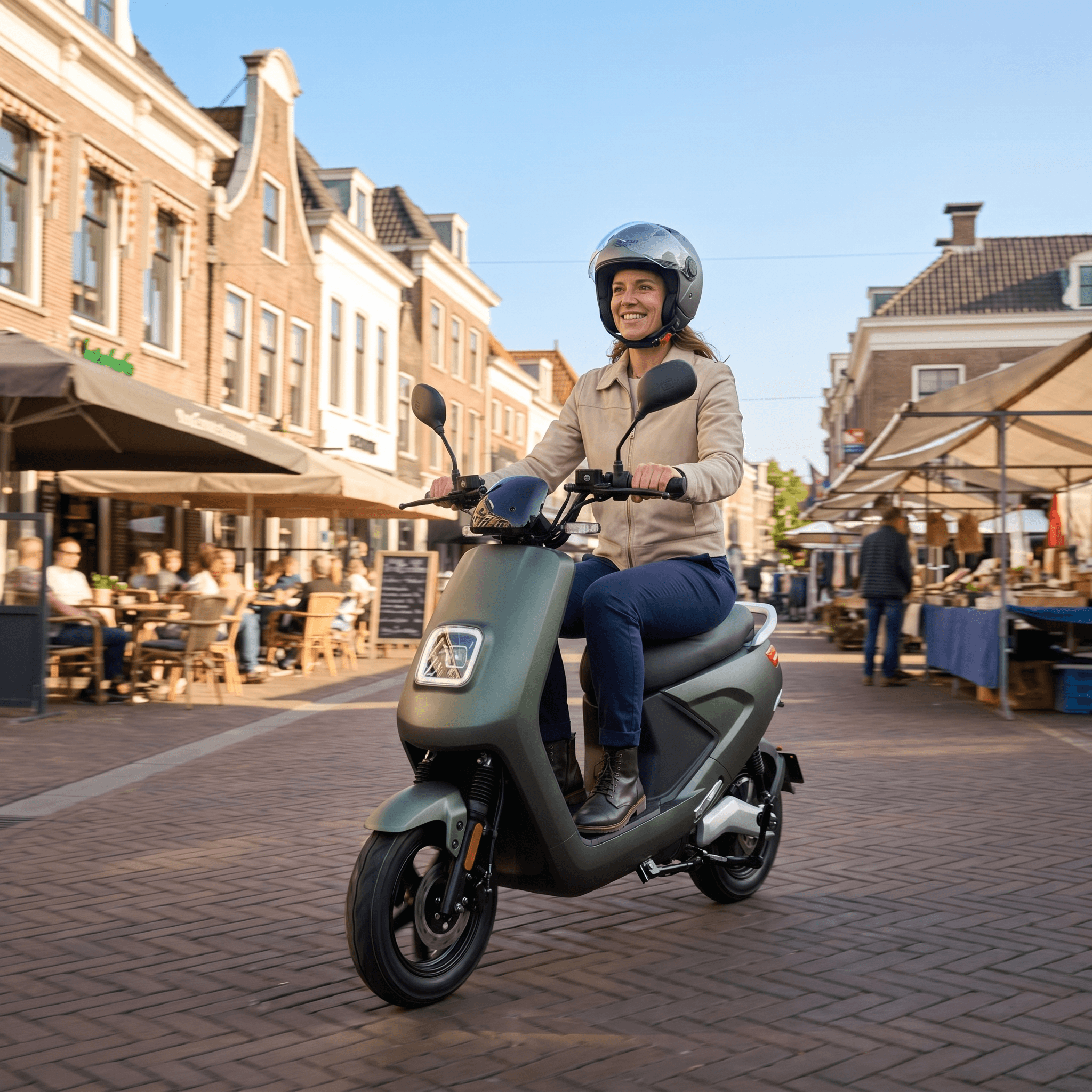 IVA E-GO S4 e-scooter in matgroen met handvatten en display, klaar voor gebruik.