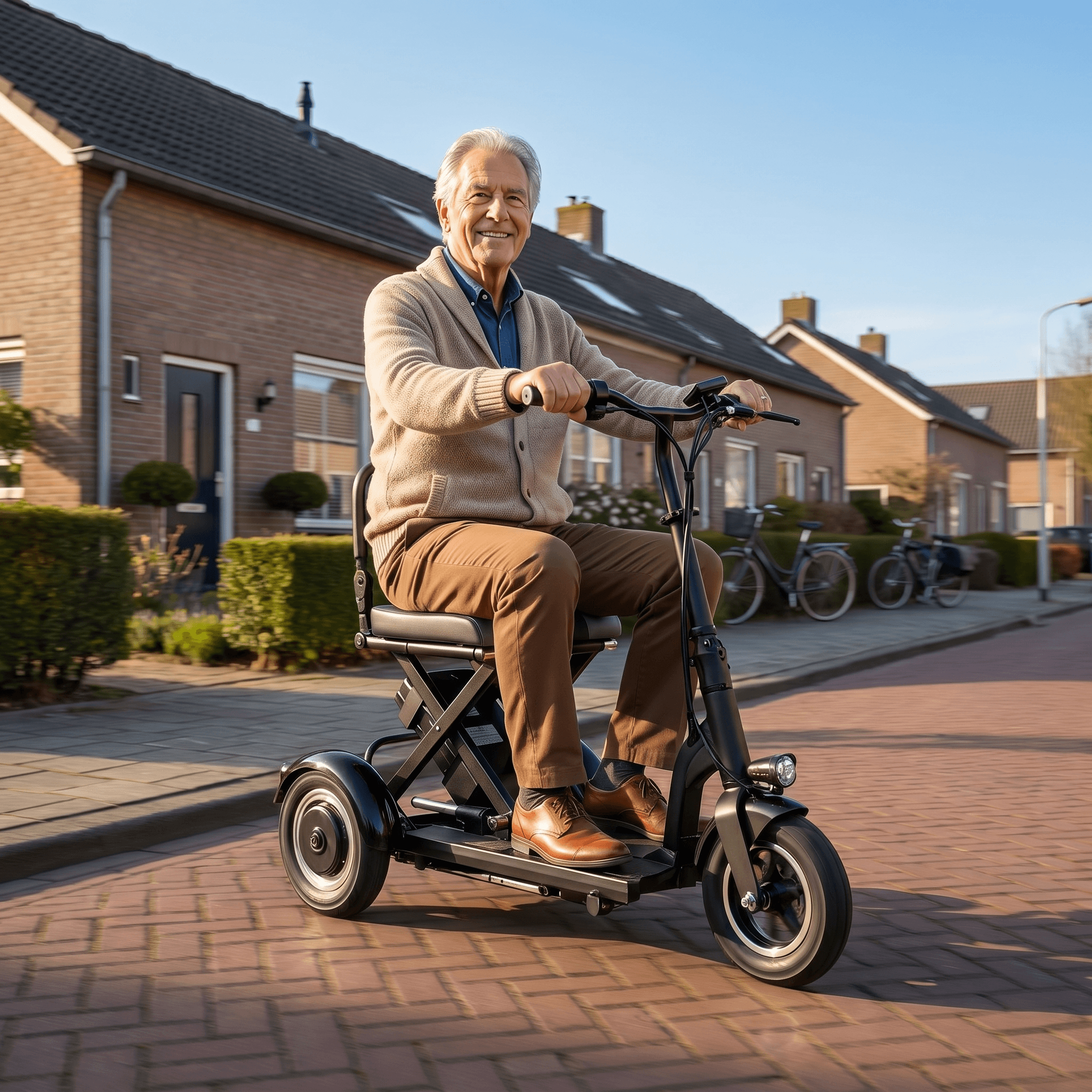 Zwarte IVA Traveler 300 scootmobiel met comfortabele zit en stuur, geschikt voor mobiliteitsondersteuning.