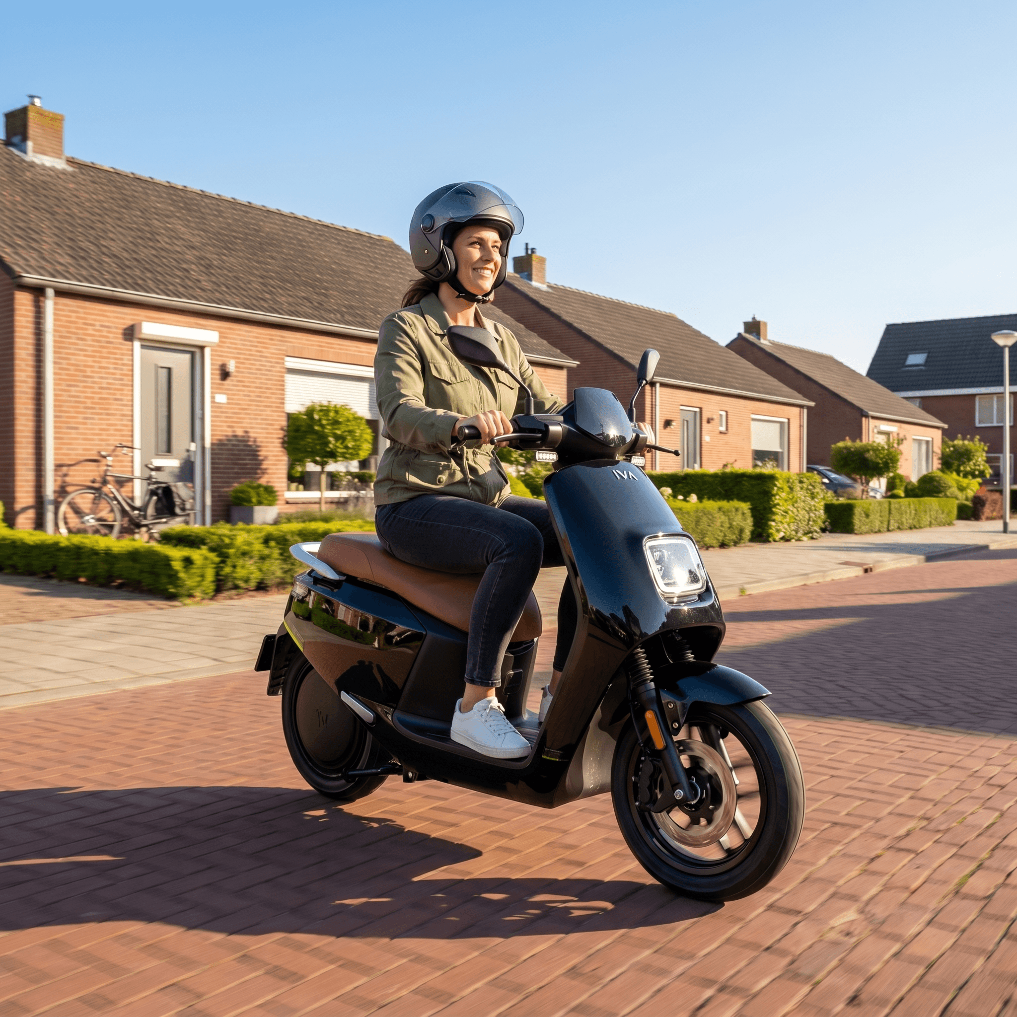 Zwarte IVA NCE Pro e-scooter met compacte structuur en handvatten, klaar voor gebruik.