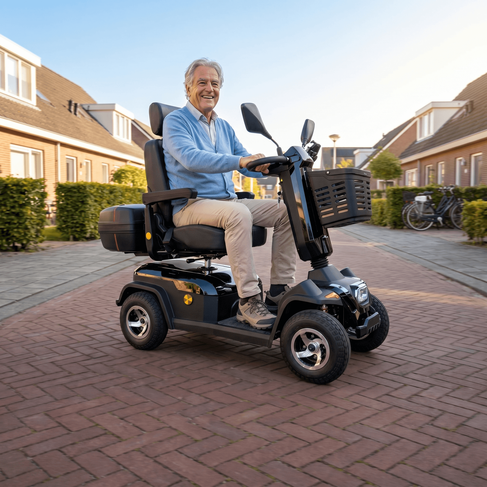 IVA Rider 700 Zwart scootmobiel met stuur en zadel, geschikt voor comfortabel vervoer.