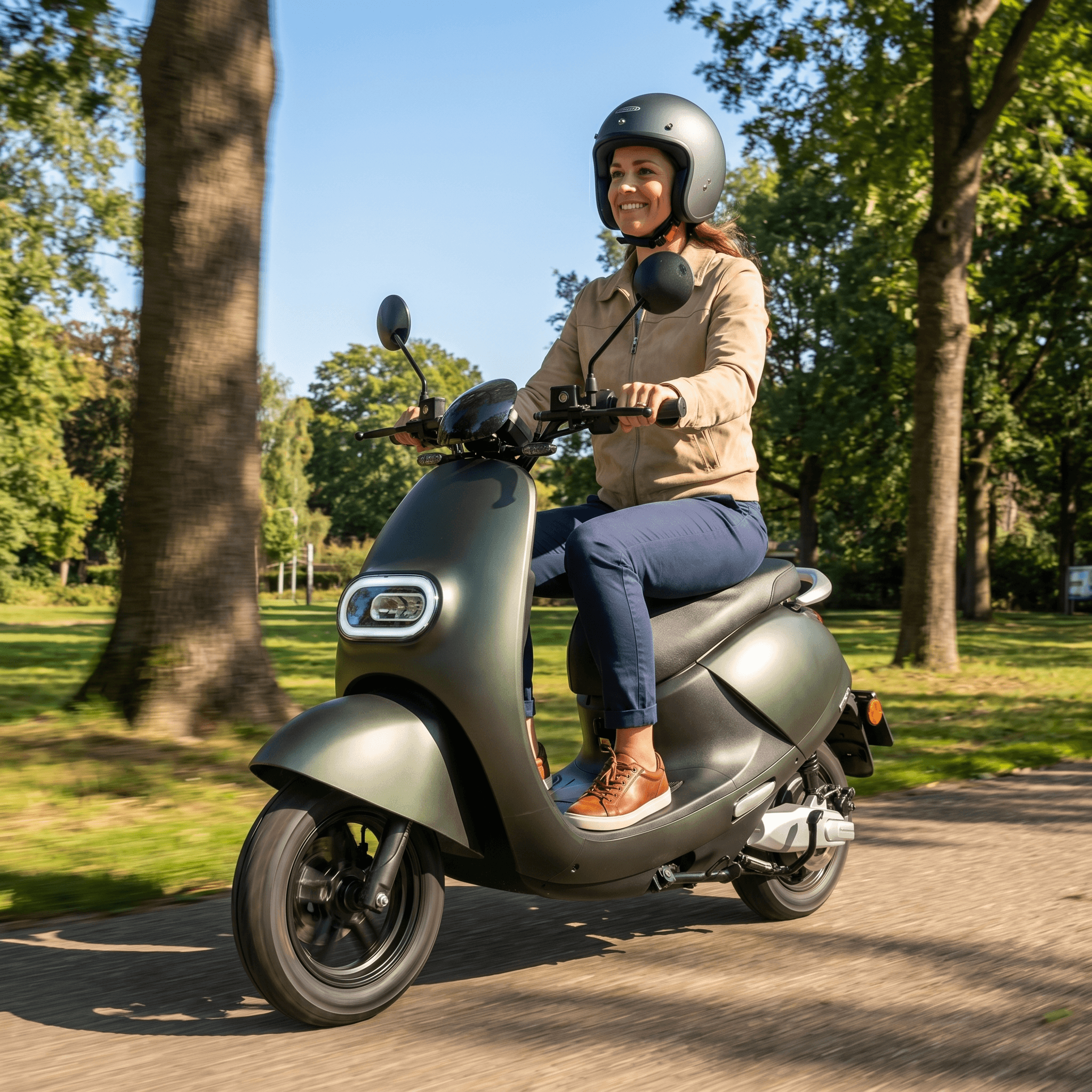 IVA E-GO S3 elektrische scooter in matgroen met zwart stuur en wielen, geschikt voor stadsvervoer en recreatief gebruik.