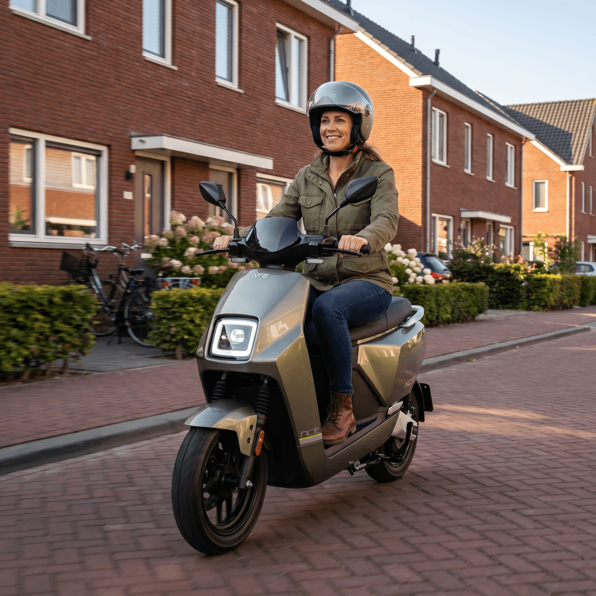 Groene IVA NCF e-scooter met compact ontwerp en handvatten, ideaal voor stadsvervoer en milieuvriendelijk reizen.