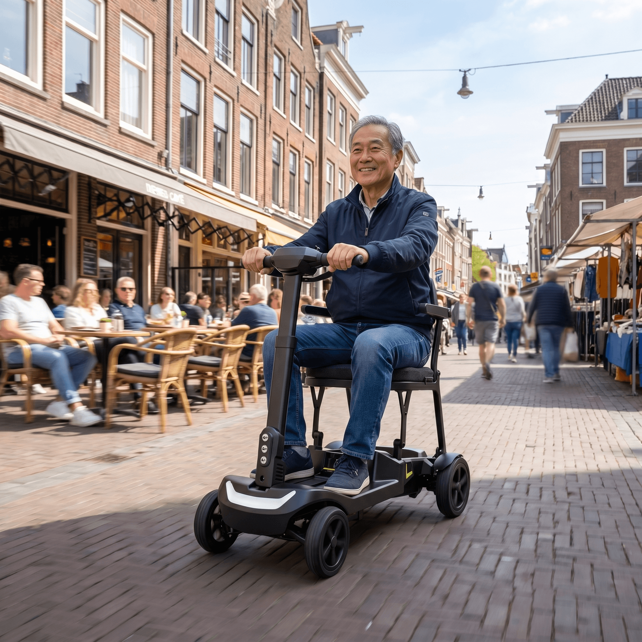 IVA Traveler 500 scootmobiel in zwart, zittend op een vlakke ondergrond met stuur en wielen zichtbaar.