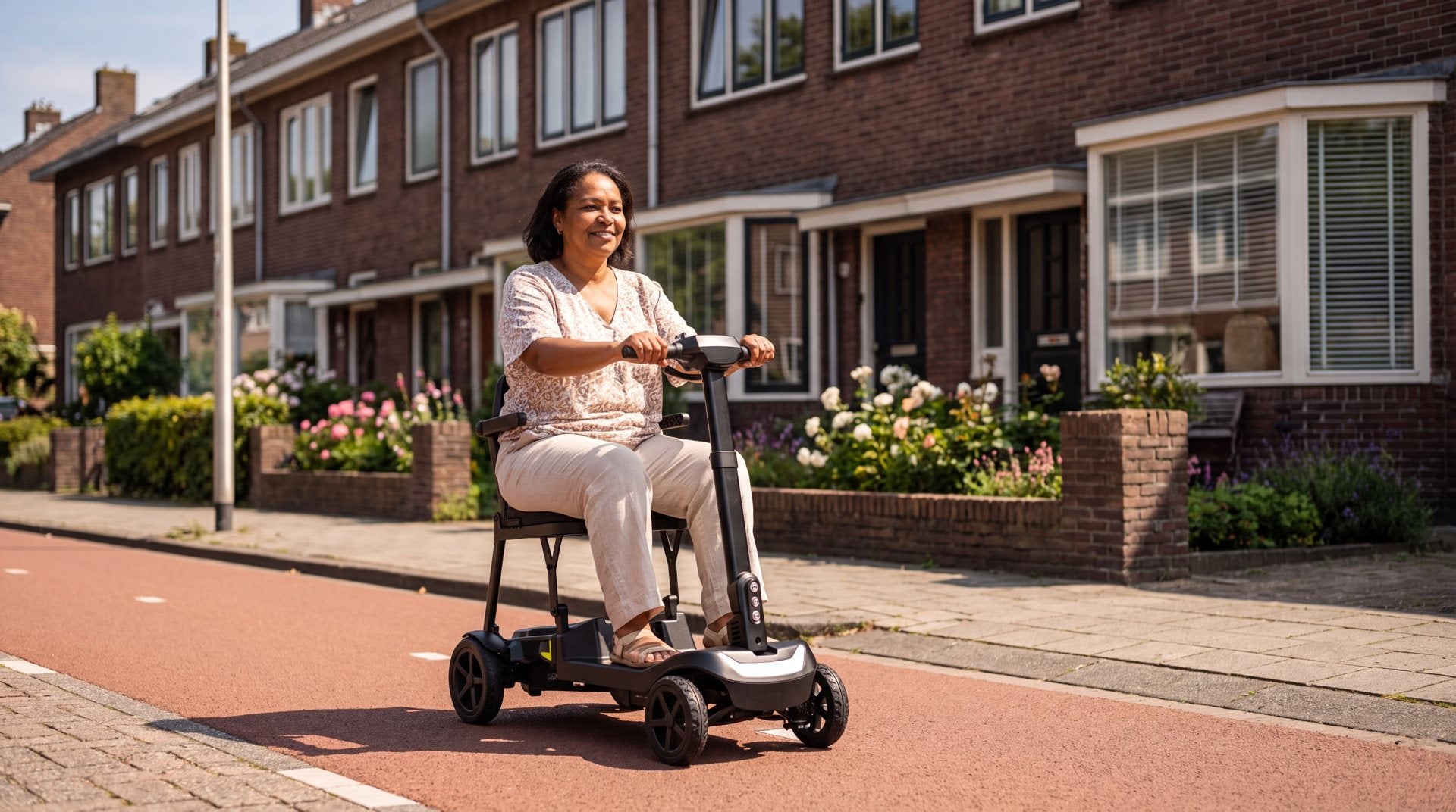 Scootmobiel huren of kopen – vrouw rijdt op een opvouwbare IVA-scootmobiel in een Nederlandse woonstraat