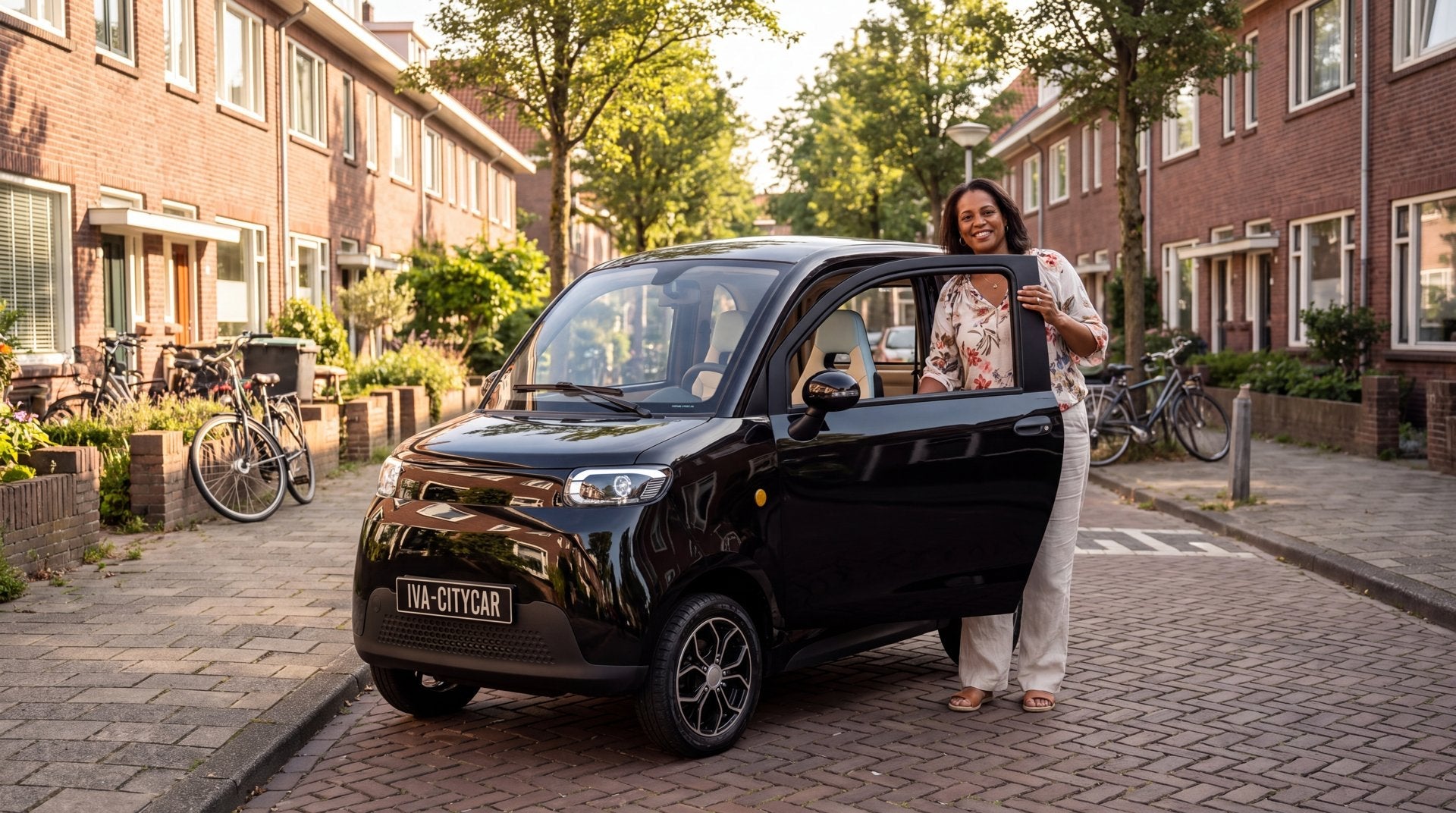 Brommobiel leasen in 2026 - vrouw stapt in zwarte IVA Citycar A05 in een Nederlandse woonstraat
