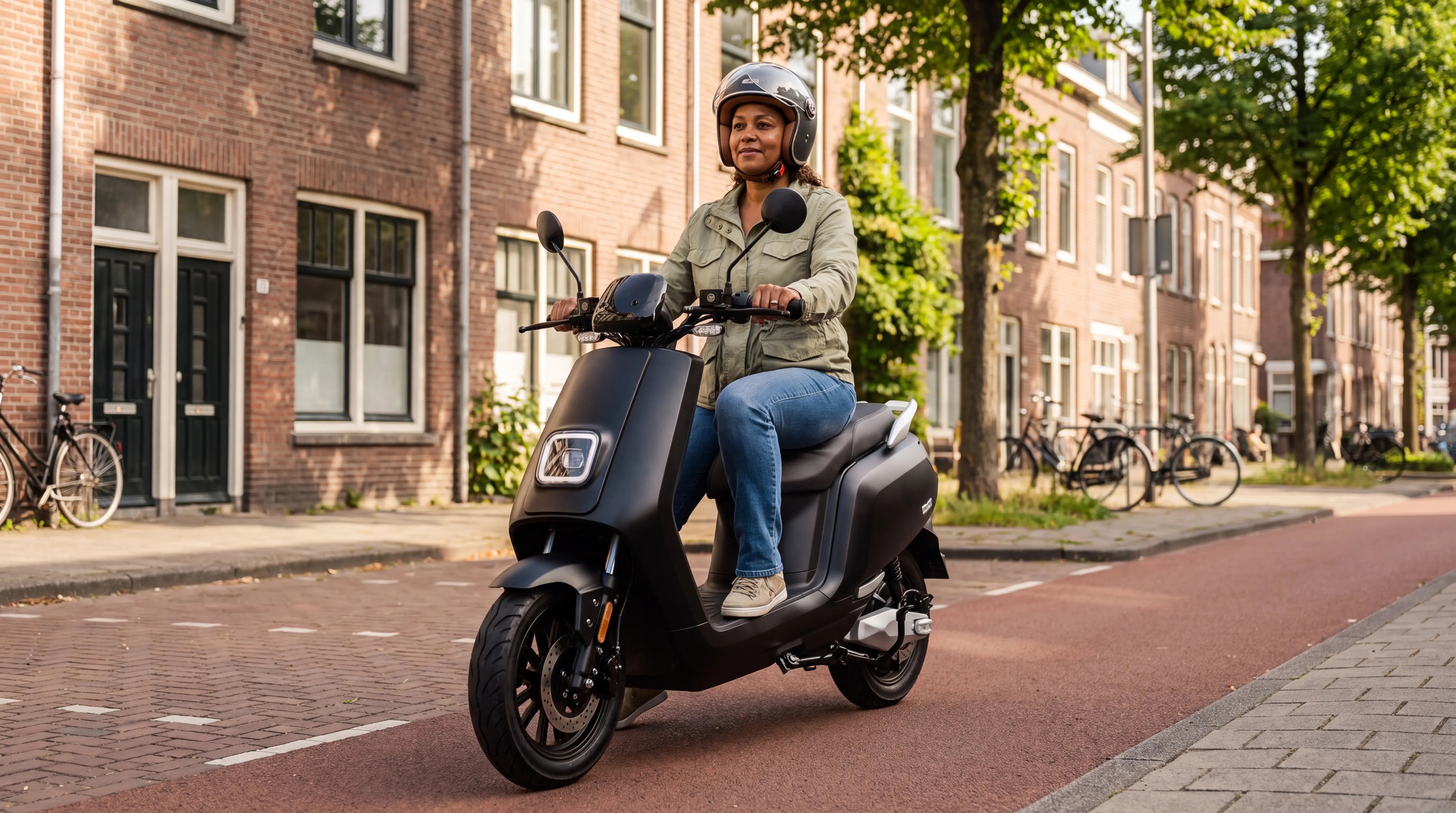 Vrouw op een matzwarte IVA E-GO S5 elektrische scooter in een Rotterdamse straat – scooter rijbewijs