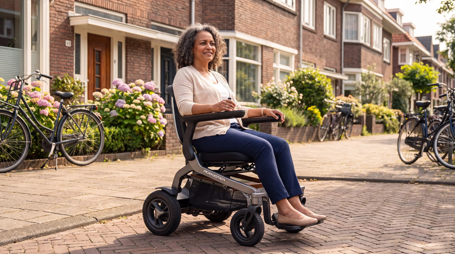 Elektrische rolstoel: vrouw in IVA Robooter E40 in een Nederlandse woonstraat