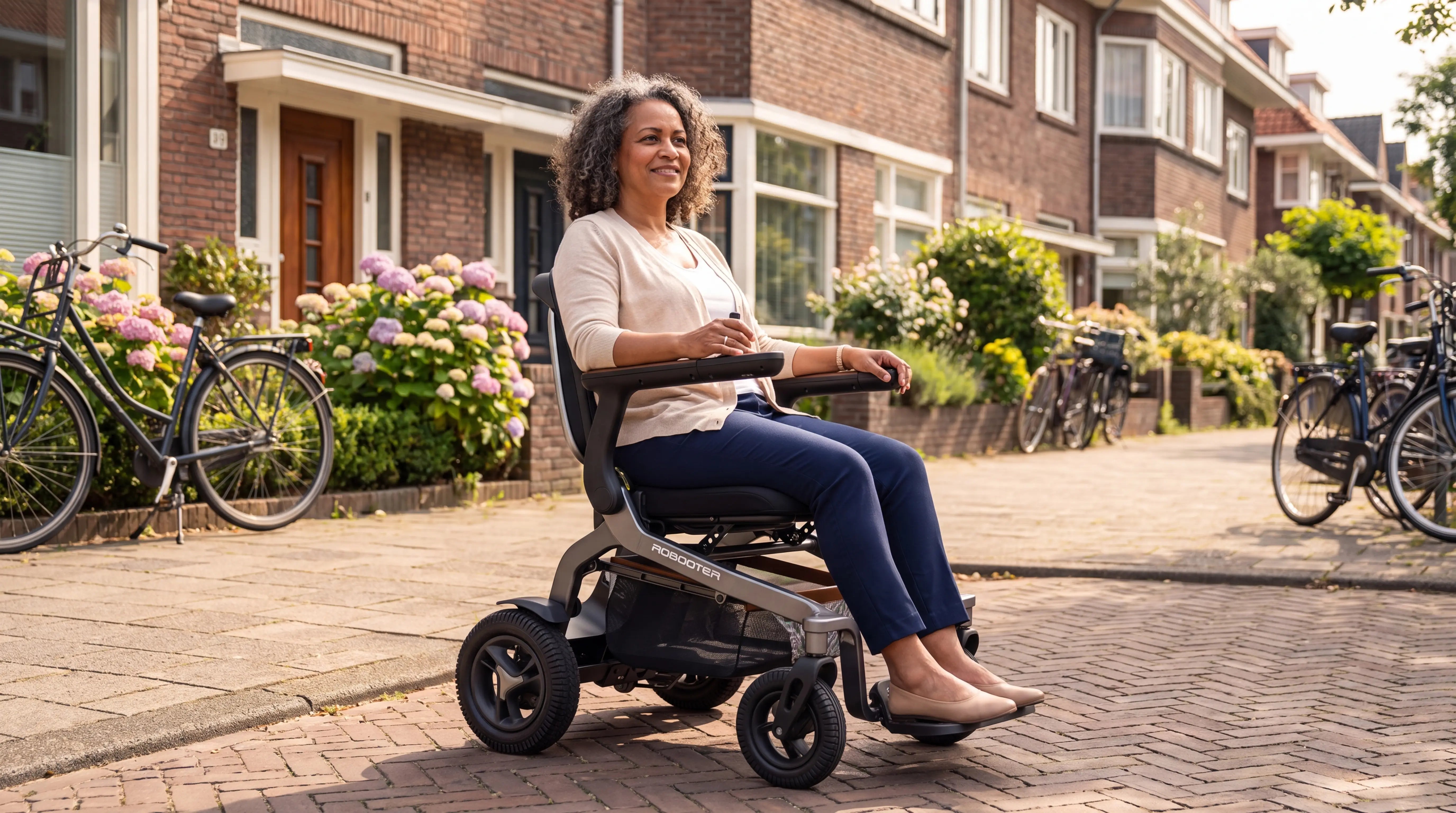 Elektrische rolstoel: vrouw in IVA Robooter E40 in een Nederlandse woonstraat
