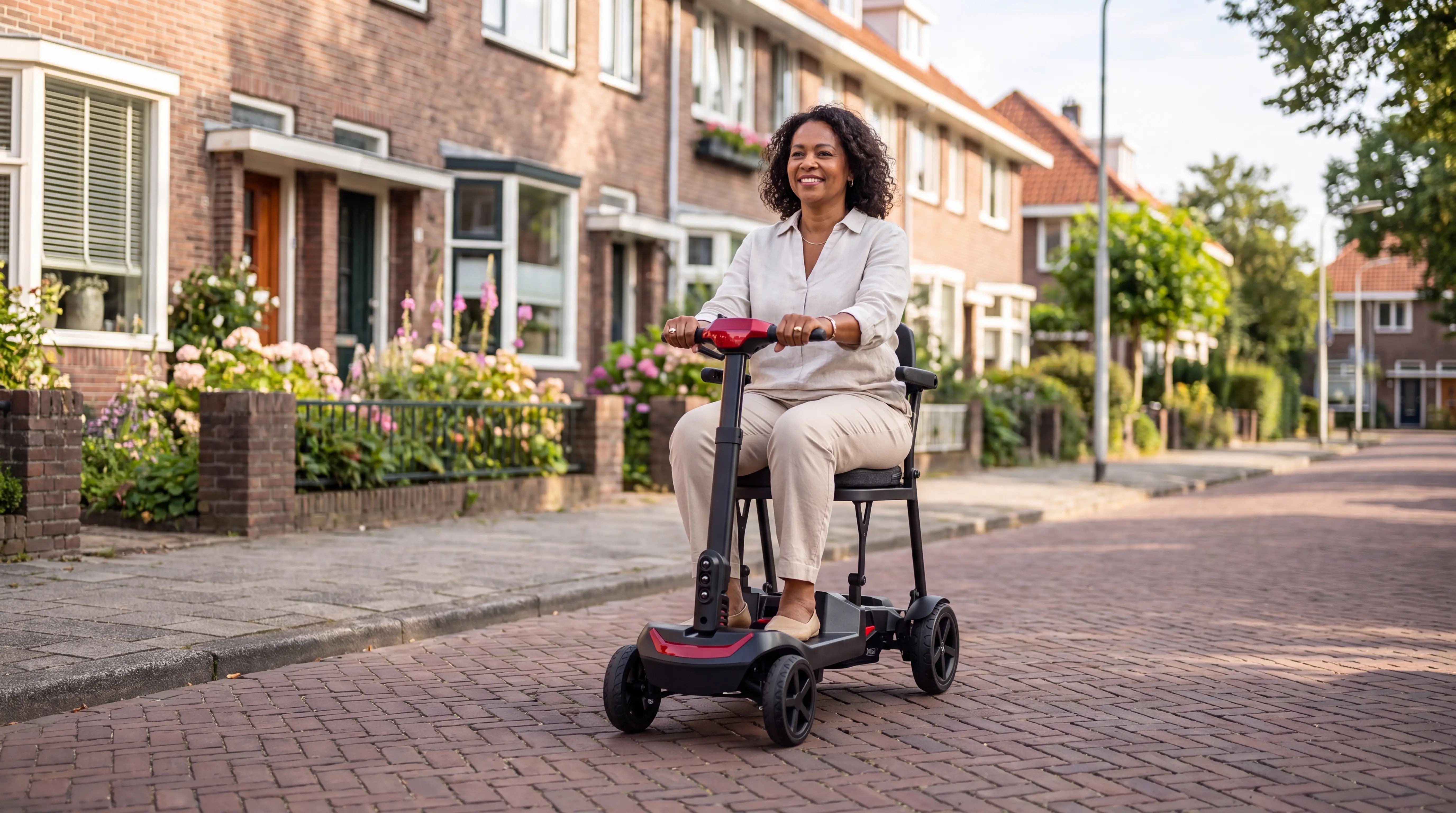Wat kost een scootmobiel – vrouw op rode IVA Traveler 500 in een Nederlandse straat