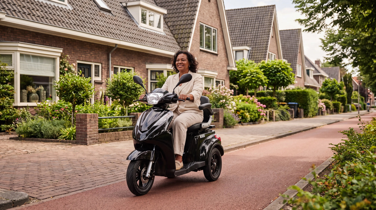 Scootmobiel rijbewijs: vrouw rijdt op IVA E1000 scootmobiel in een Nederlandse woonwijk