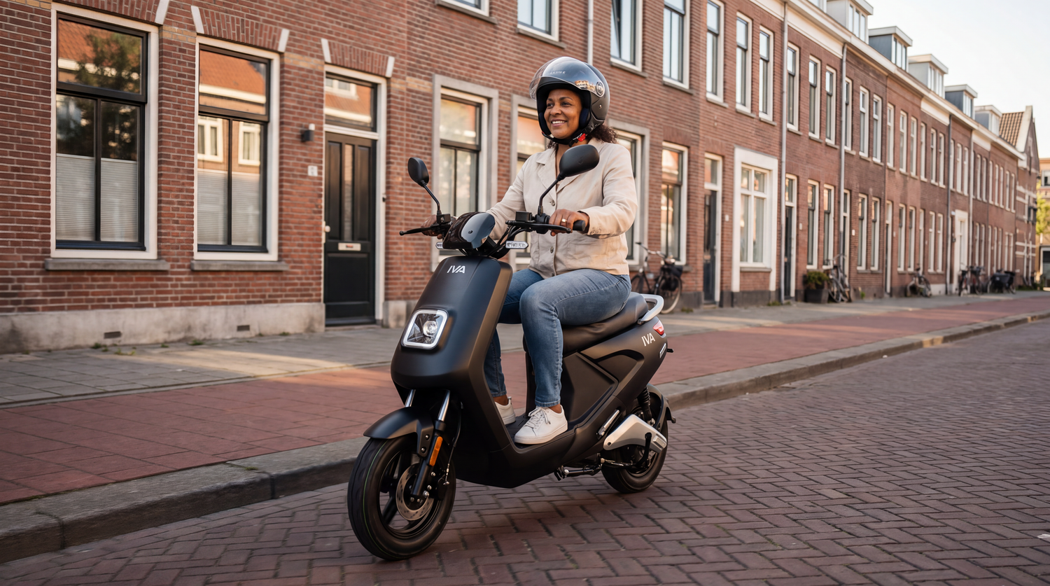 Elektrische brommer kopen 2026 - IVA E-GO S4 op een straat in Rotterdam