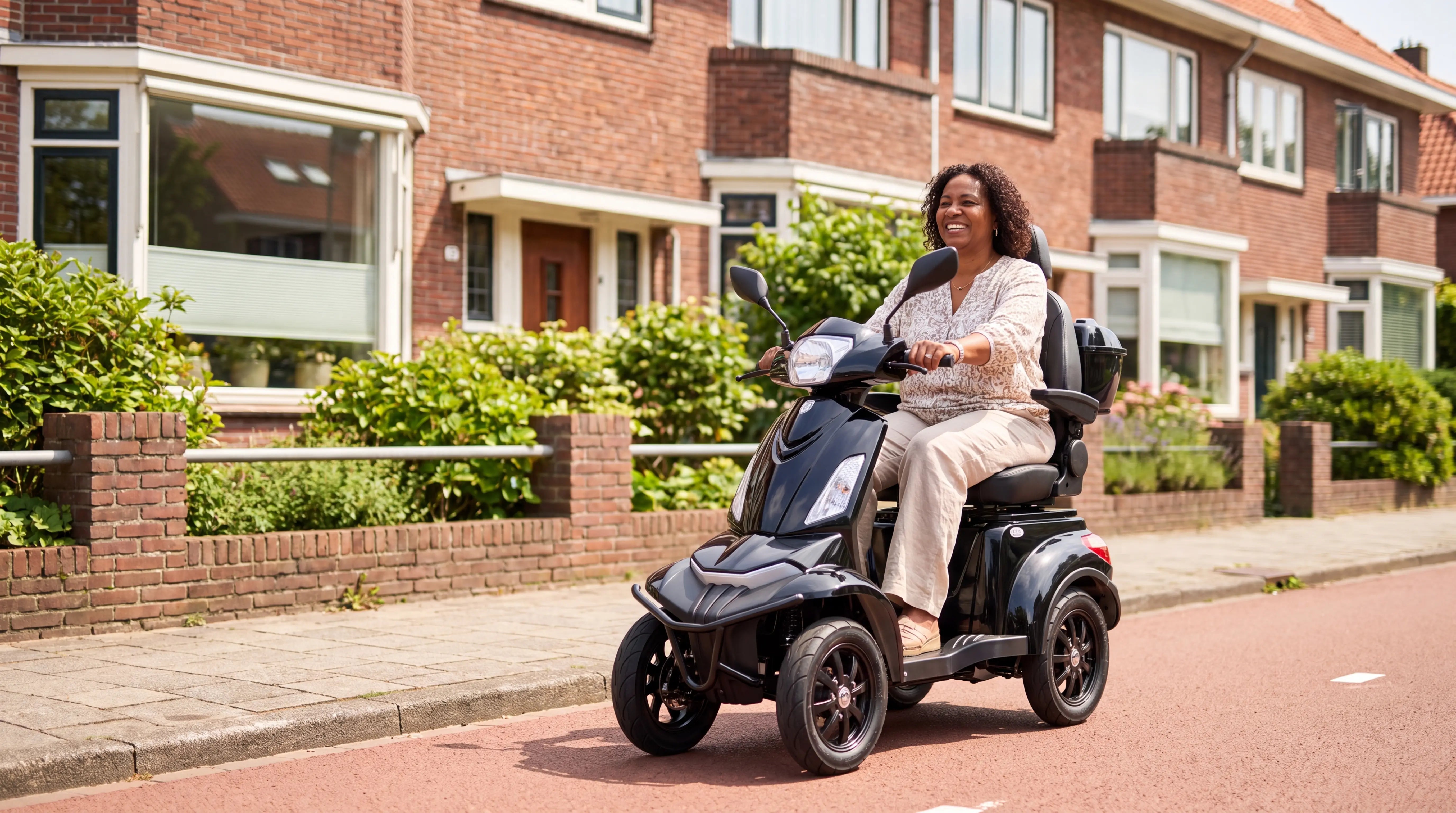Vrouw rijdt op een zwarte IVA S1000 scootmobiel in een zonnige Nederlandse woonwijk - beste scootmobiel kiezen
