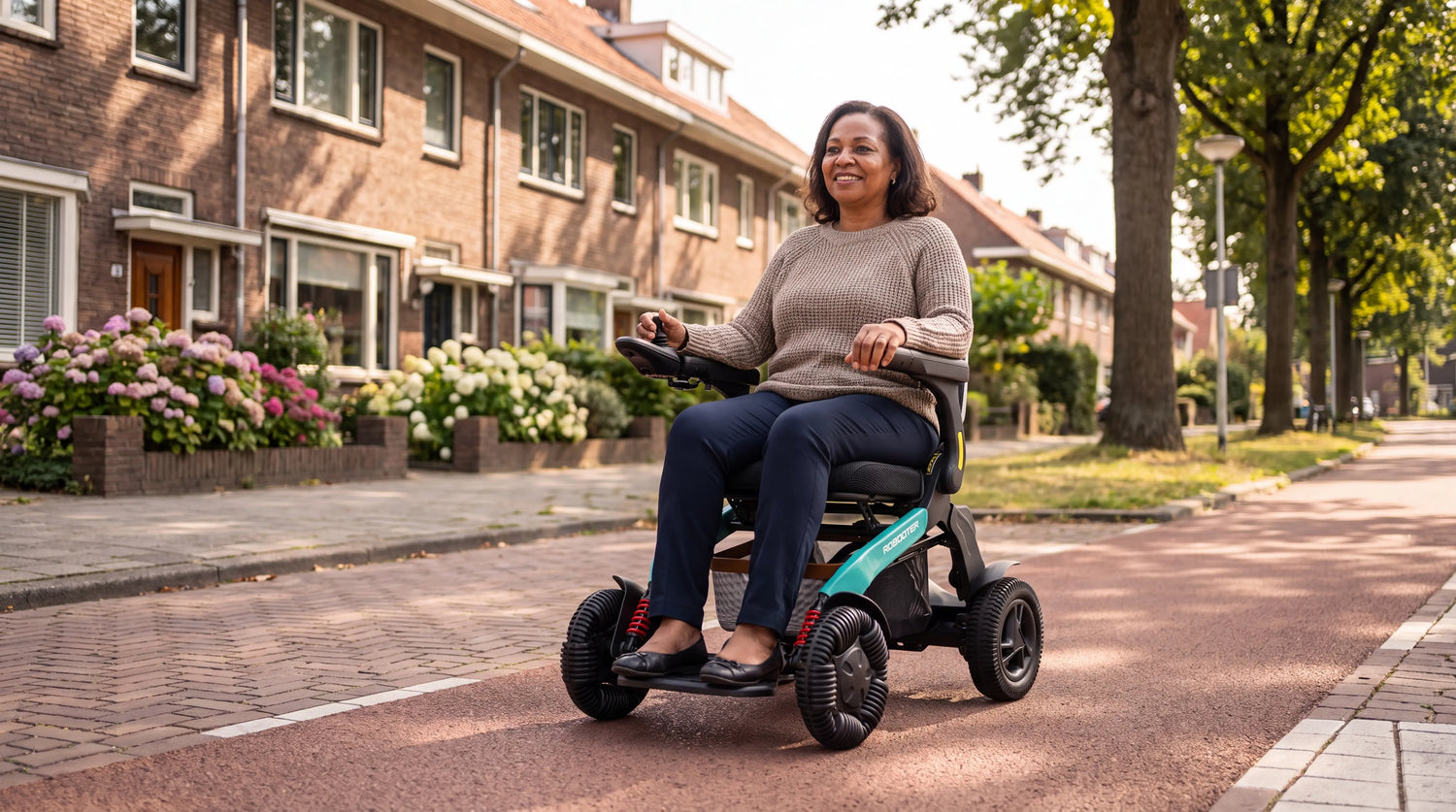 Elektrische rolstoel vergoeding via de WMO: vrouw in IVA Robooter E60 in een Nederlandse woonwijk