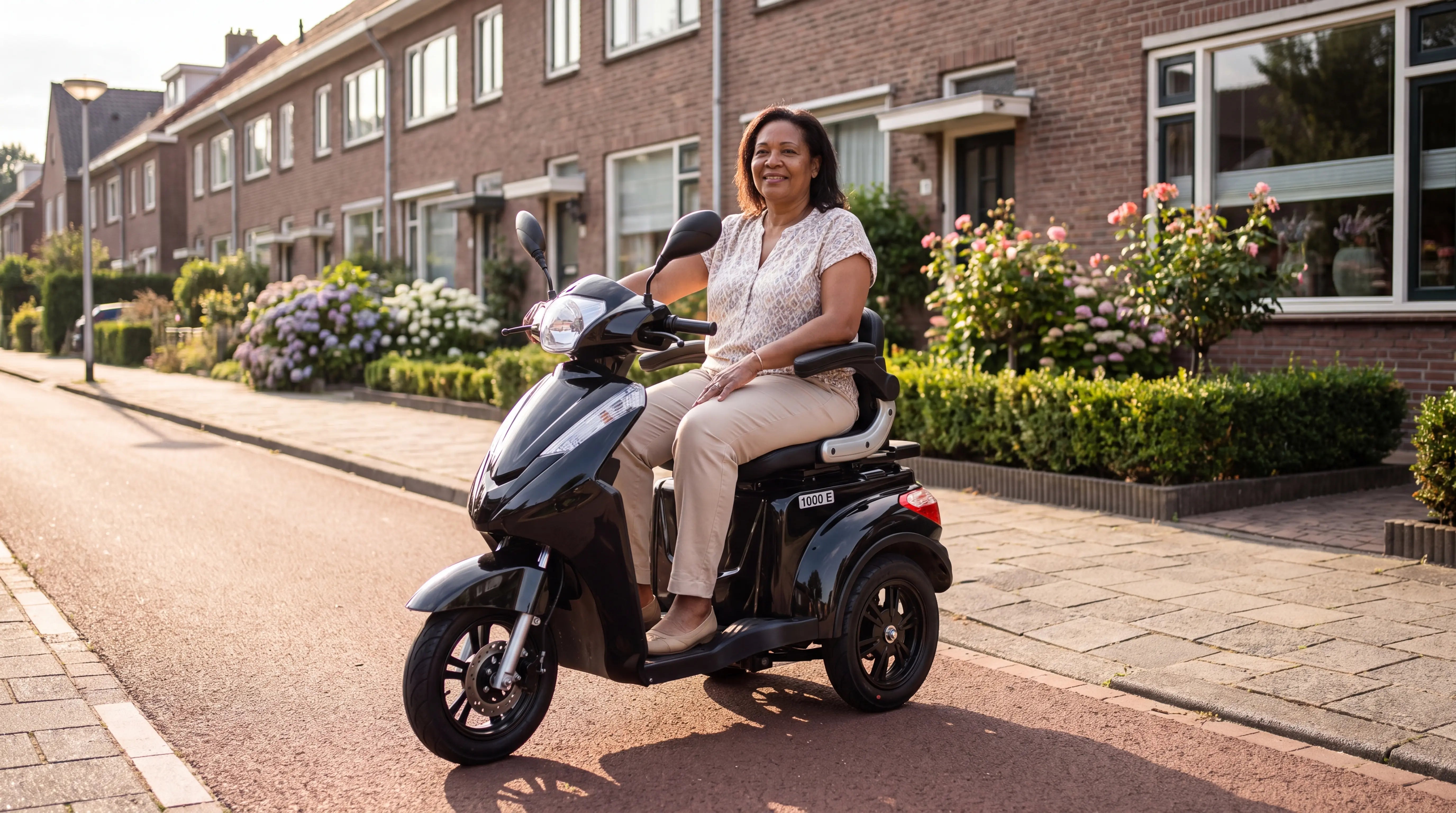Scootmobiel opladen: vrouw op zwarte IVA E1000 scootmobiel in een Nederlandse woonstraat.