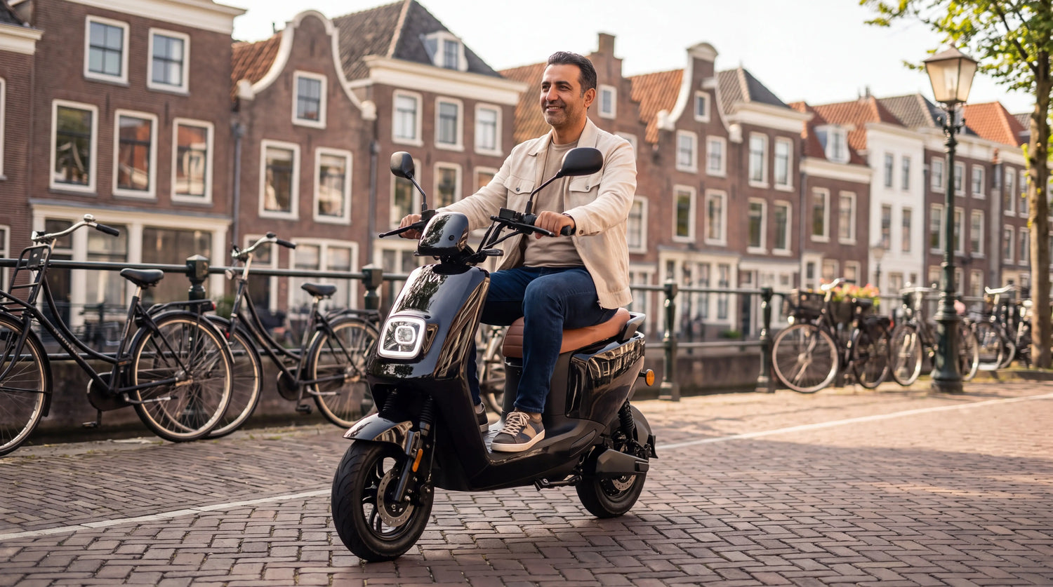 Wat kost een elektrische scooter – man rijdt IVA E-GO S4 2.0 door Dordrecht
