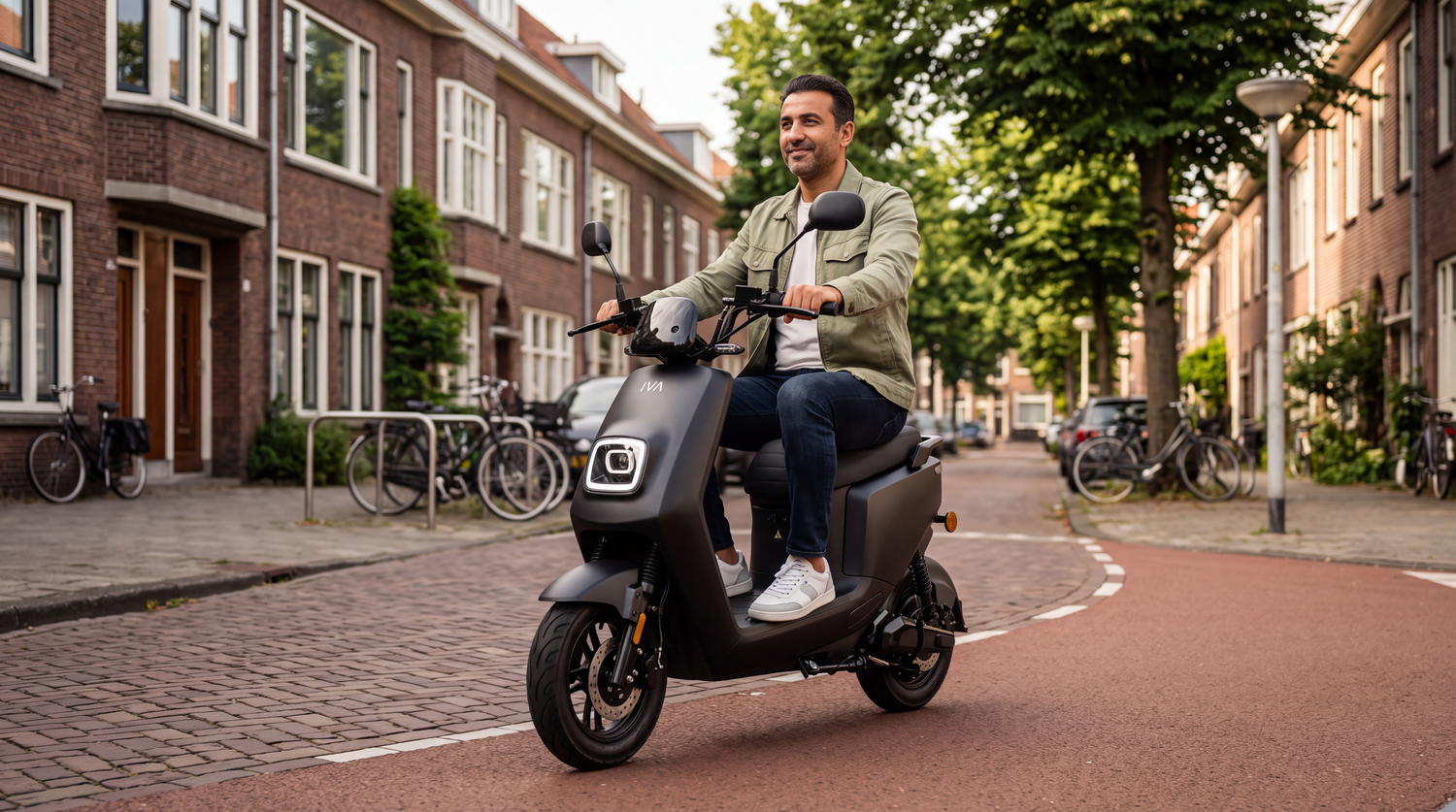 Scooter theorie halen 2026 - man rijdt op IVA E-GO S4 2.0 elektrische scooter door Nederlandse straat