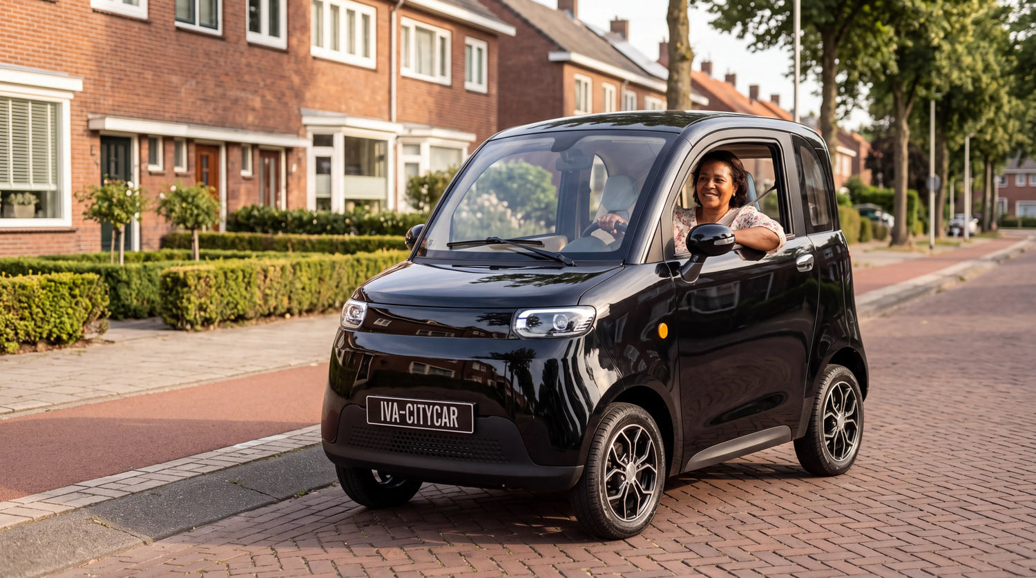 Overdekte scootmobiel of brommobiel: vrouw rijdt in een zwarte IVA Citycar A05 door een Nederlandse woonwijk